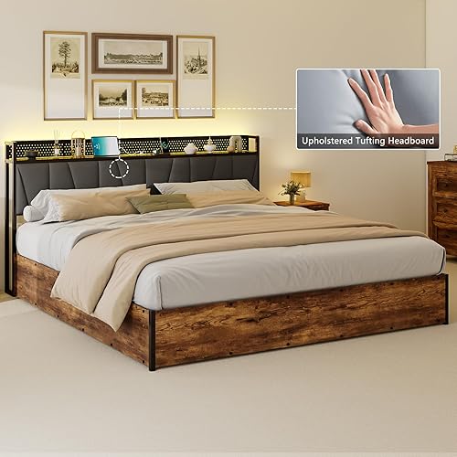 Miniatura 34 de Base de cama de almacenamiento elevable de tamaño matrimonial con luces LED, cabecera tapizada de lino con estación de carga, marco de cama de