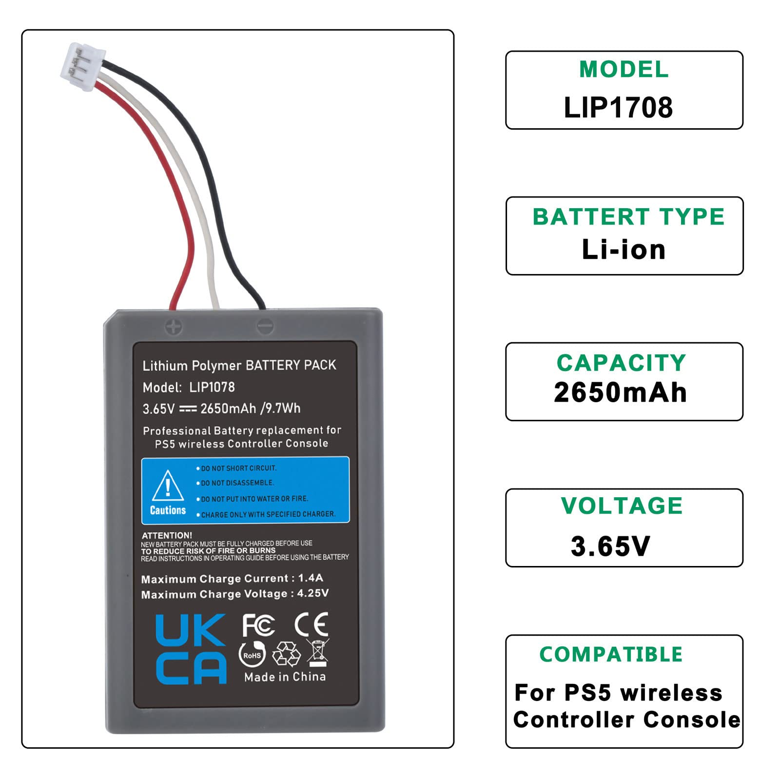 Lot de 2 batteries de rechange PS5 Lip1708, 2650 mAh, pour manette sans fil Sony PlayStation 5 DualSense CFI-ZCT1W