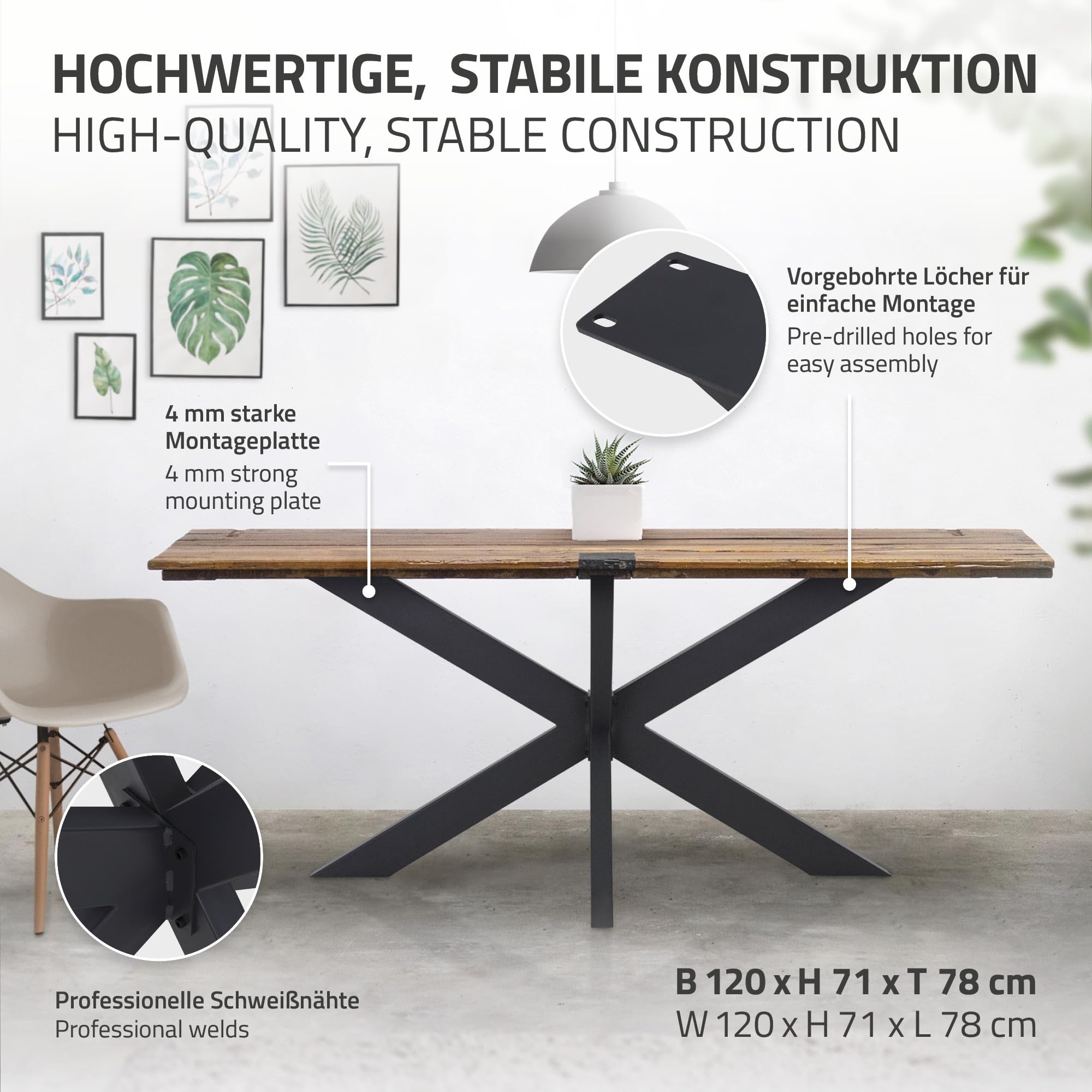 ML-Design Pata de Mesa Industrial Cruzadas 78x71x120cm Negro Diseño Araña Forma X Patines Metálicos para la Base de Encimera Acero con Recubrimiento Polvo Pies Soporte Auxiliar Decorativo de Hogar