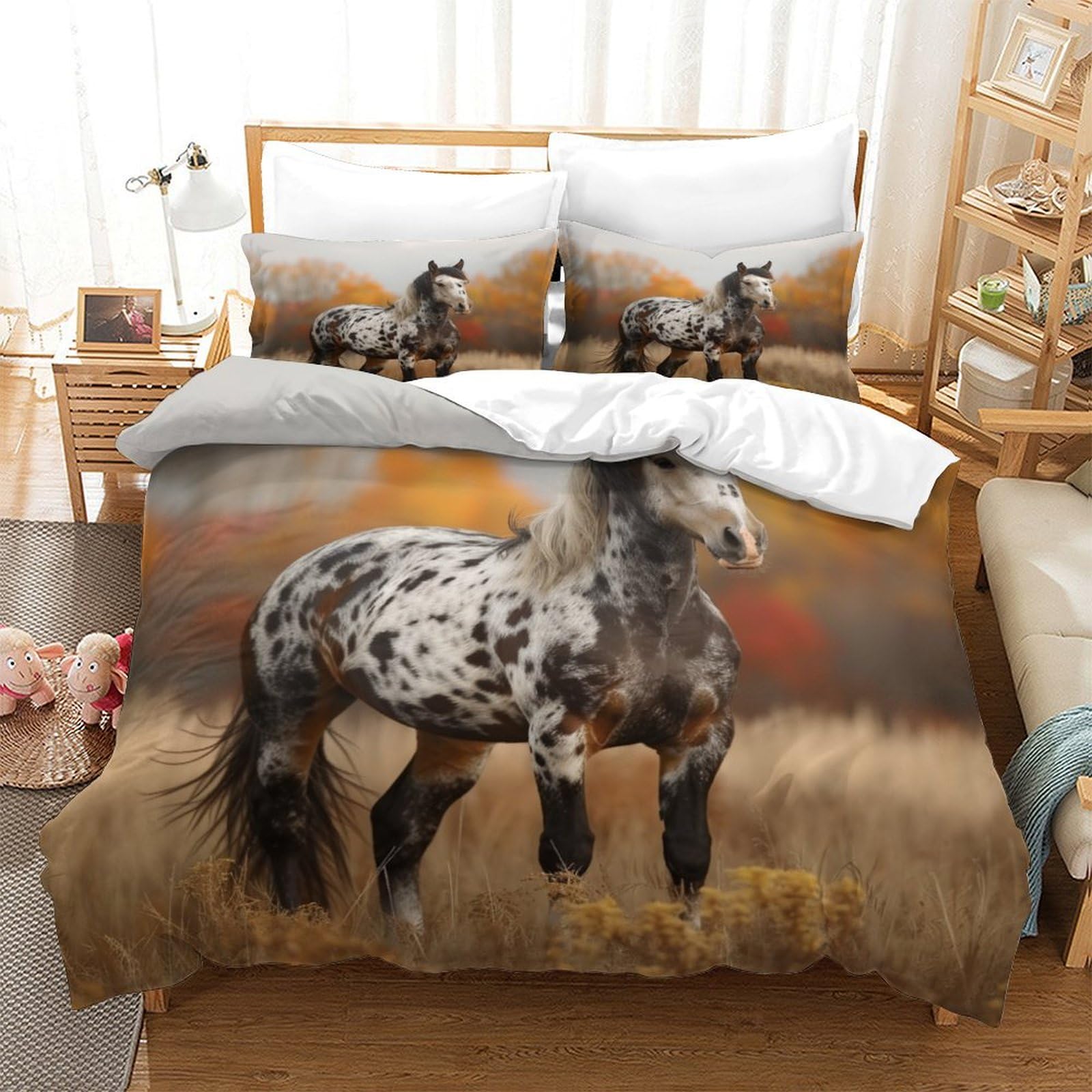 P1S9U7W5Y Rustic Animal Pattern 3D Printed Horse Duvet Cover Set 3pcs Microfiber Country Horse Bedding Set Double（200x200cm）