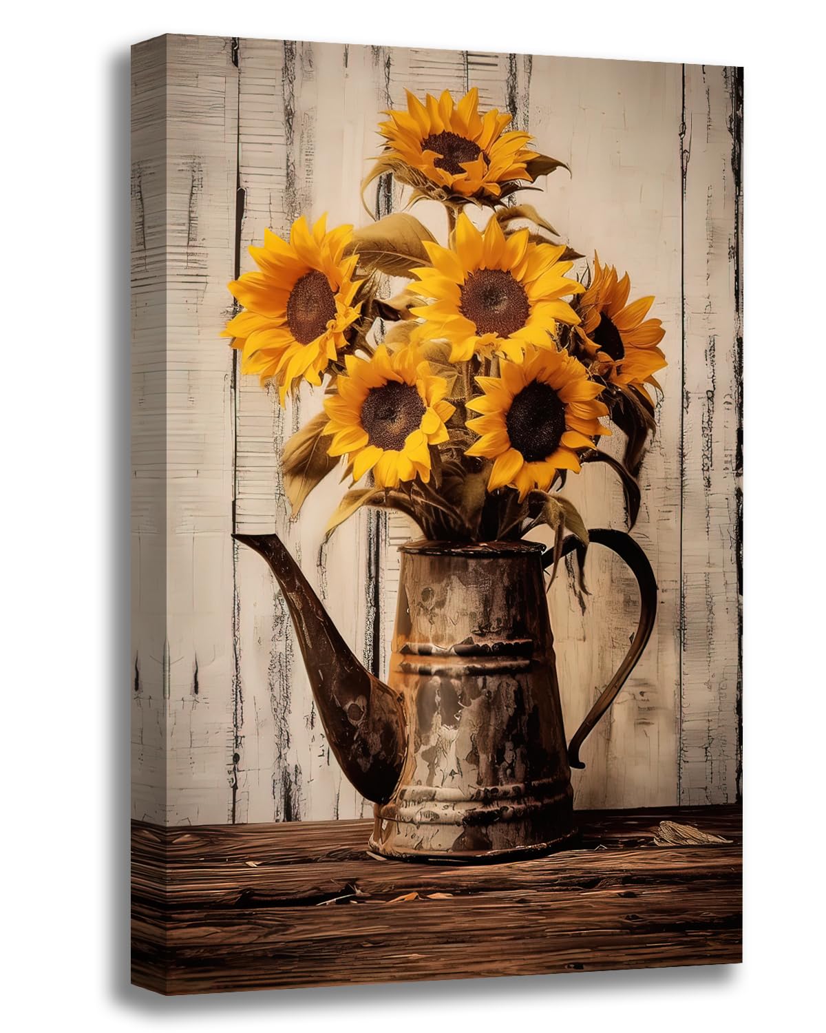 Vintage Sunflower Wall Art Farmhouse Rustic Yellow Sunflower Painting Wooden Background Print Poster Framed Country Style Flower Picture for Bathroom Kitchen Decor