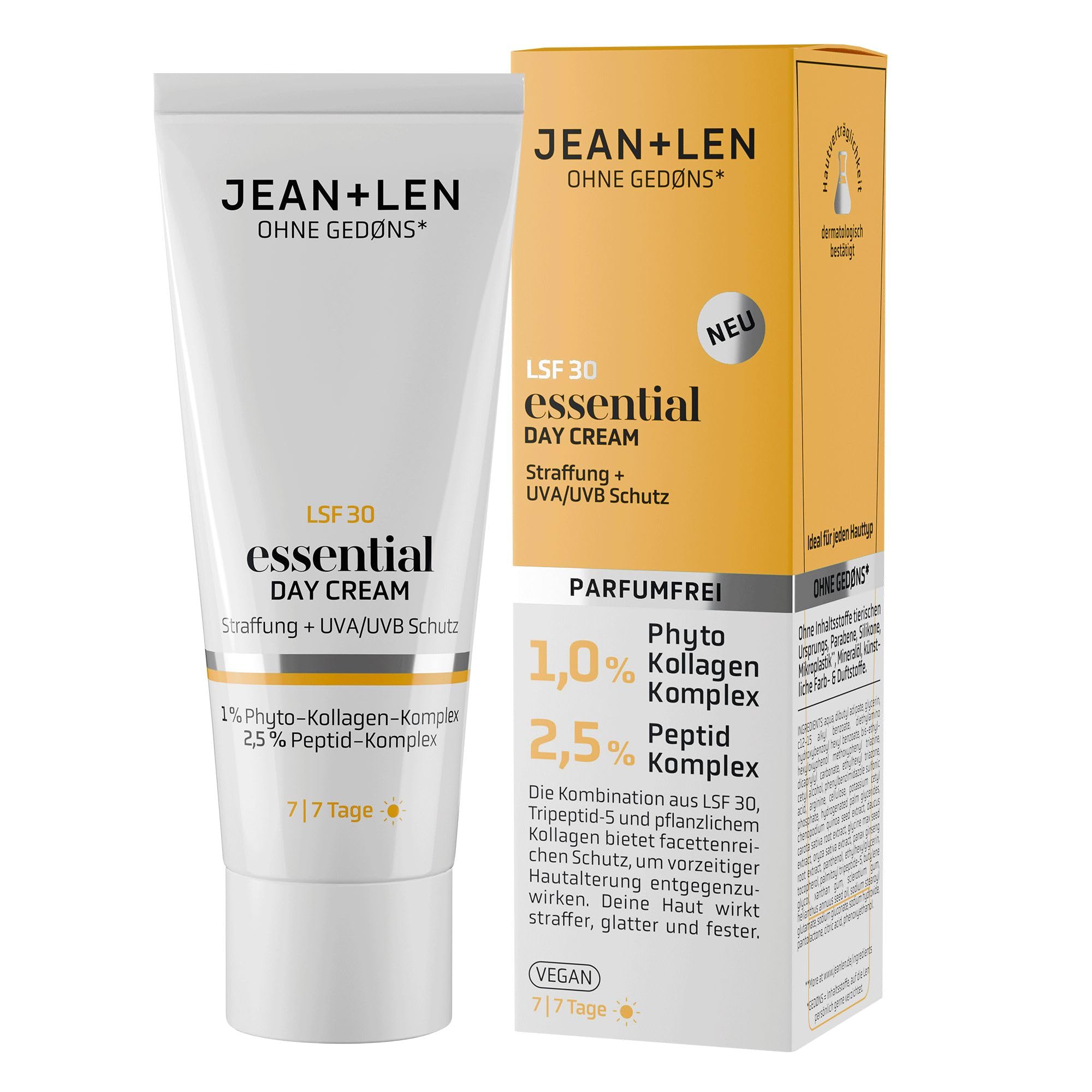 Jean & Len Essential Day Cream, ideal für jeden Hauttyp geeignet, optimiert die Hautfestigkeit, mit LSF 30 und pflanzlichem Kollagen, vegane und parfümfreie Tagescreme, 50 ml