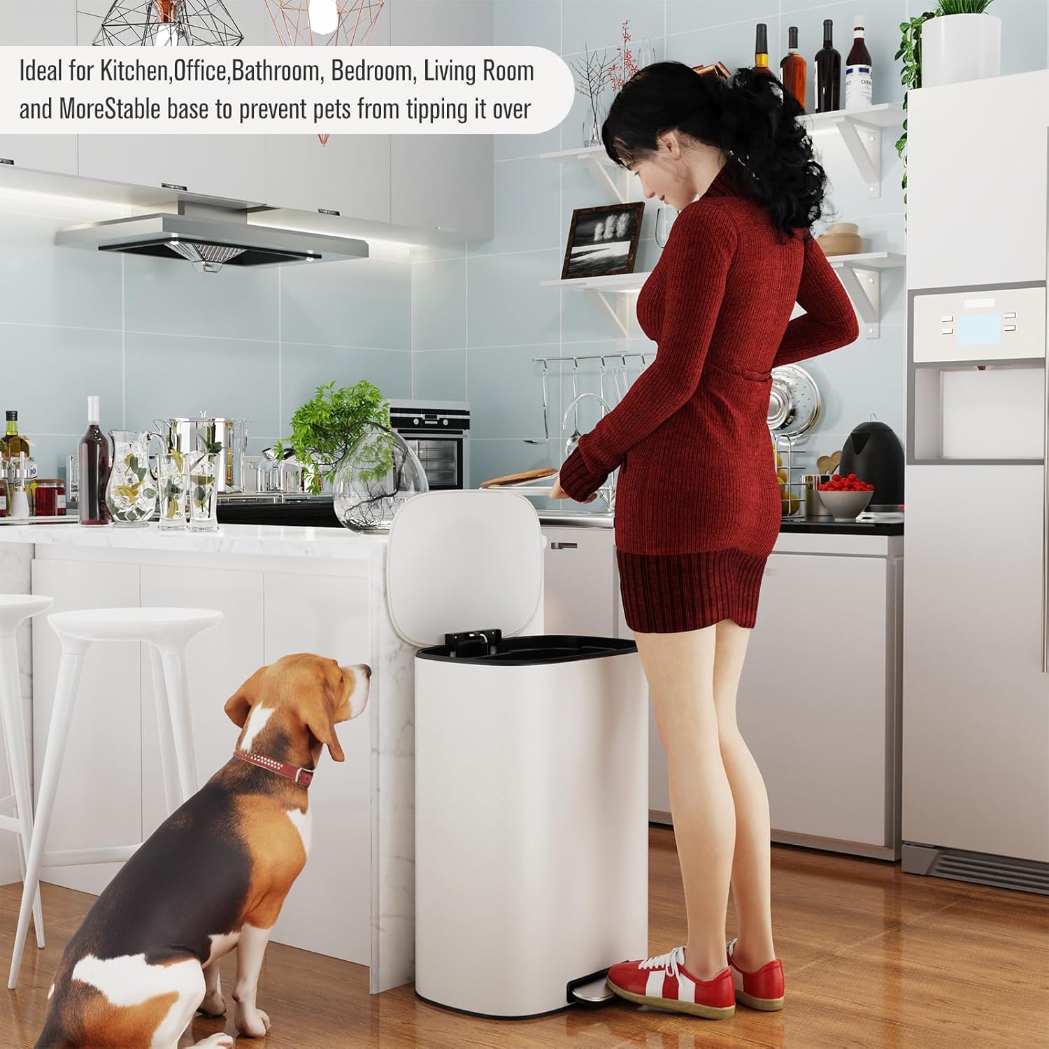 13 Gallon Stainless Steel Kitchen Trash Can, Metal Foot Pedal Trash Can with Lid Quiet Close, Oval Large Garbage Can with 30 Garbage Bags for Bathroom, Commercial, Home, Office - White