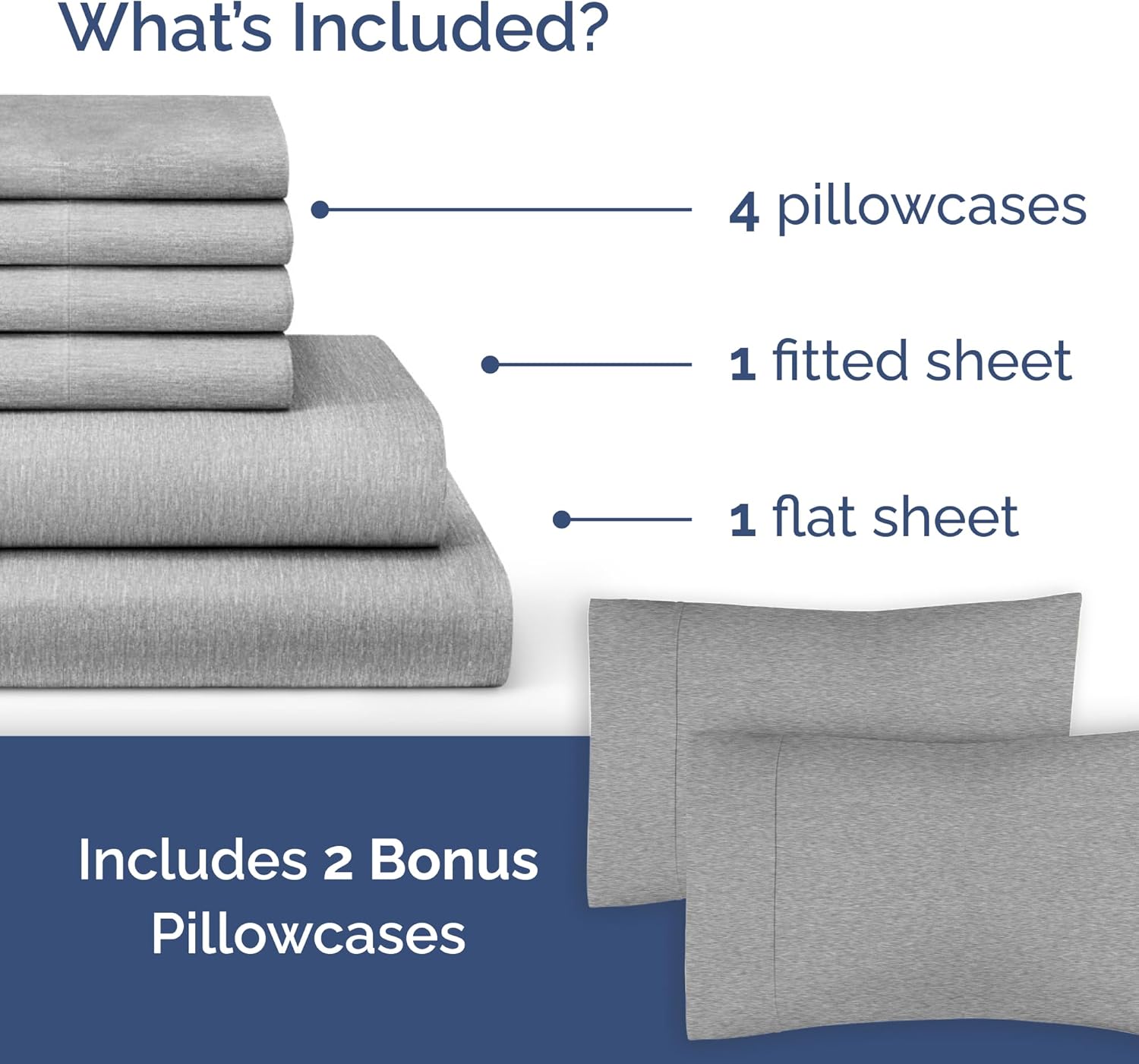 6 Piece Heathered Grey King Sheet Set + 2 Extra Pillowcases Bundle – 21” Extra Deep Pockets – Flat Sheet 111 x 102, Fitted Sheet 78 x 80 and 6 Pillowcases 20 x 40 – Oeko-TEX King Size Fitted Sheet Set