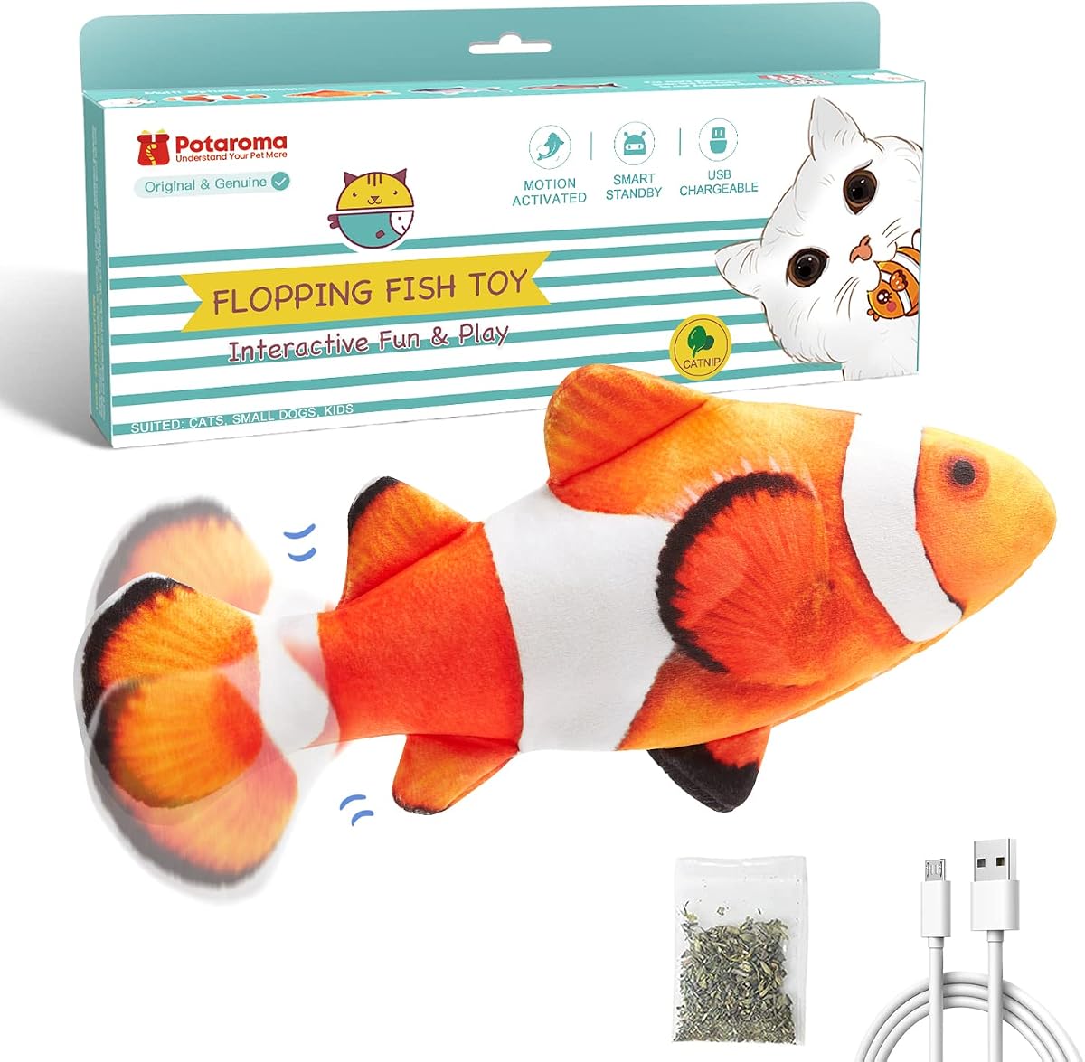 Cat Toys Flopping Fish with SilverVine and Catnip | Moving Kitten Kicker, Floppy Wiggle Clownfish for Small Dogs, Motion Kitty Interactive Exercise, 10.5 Inches