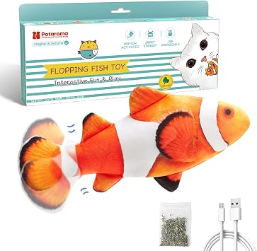 Potaroma Cat Toys Flopping Fish with SilverVine and Catnip | Moving Kitten Kicker, Floppy Wiggle Clownfish for Small Dogs, Motion Kitty Interactive Exercise, 10.5 Inches