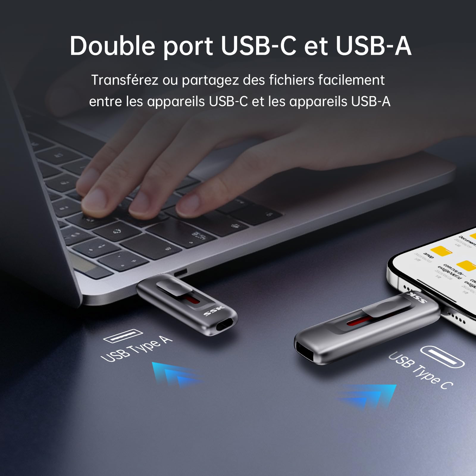 SSK Disque Dur Externe SSD 128 Go, Vitesse de Lecture jusqu'à 560 Mo/s, avec Double Lecteur Coulissant Type-C + A, Disque SSD USB 3.2 Gen2 pour iPhone 15/16/17 /Android/Windows/TV