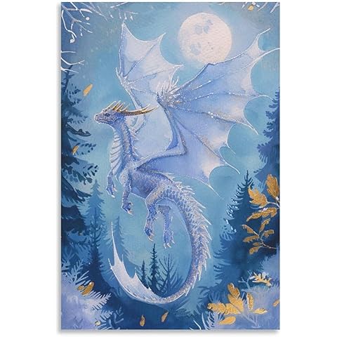 Silver Dragon Aesthetic Fantasy Cute Moon Poster Canvas Wall Art Posters & Prints Painting for Bedroom Classroom Dorm Living Room Aesthetic Decor for Mens Women Framed Unframed 16x24inch(40x60cm)