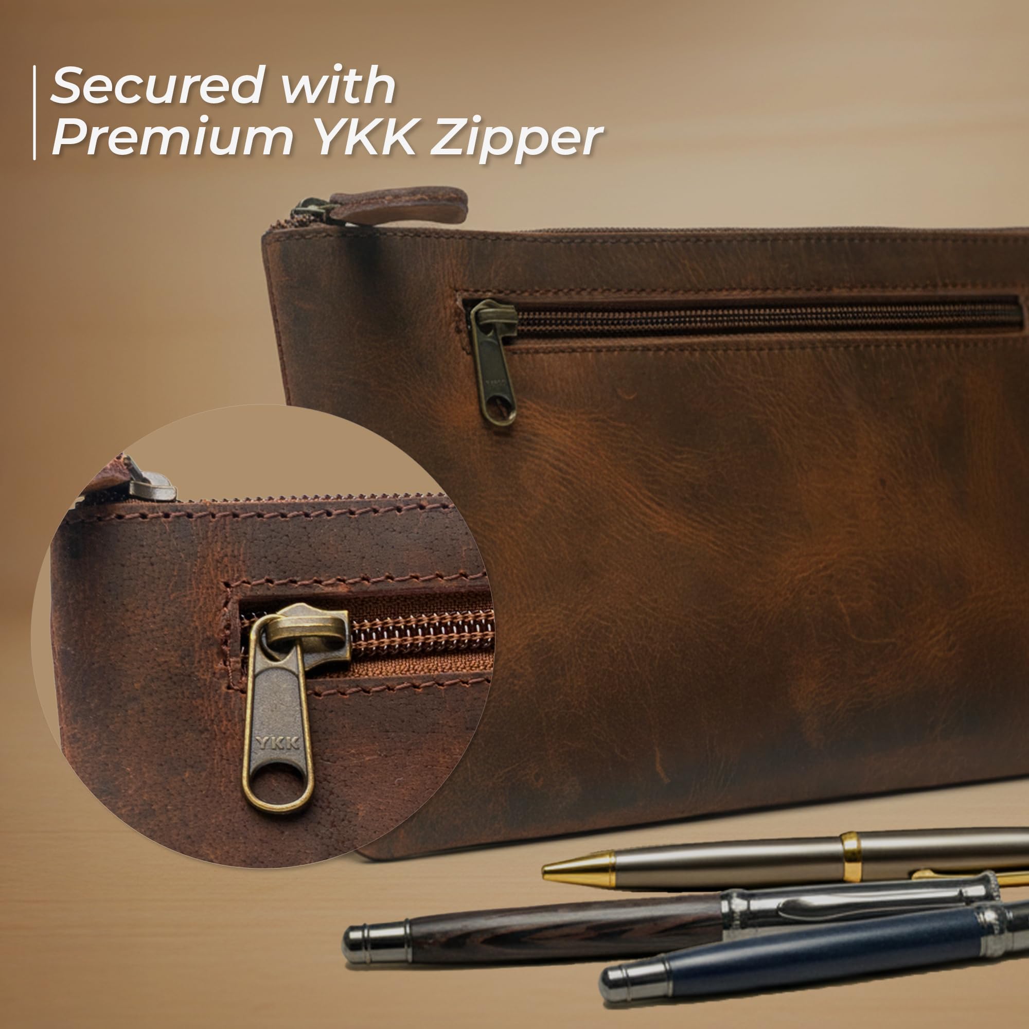 WANDERINGS Vintage Leather Pencil Pouch Case - Large 11"x6.25" / 2816 cm - Hand Crafted Functional Brown Leather Zipper Pouch - Slim Pencil Case Holder for Men and Women - Image 4
