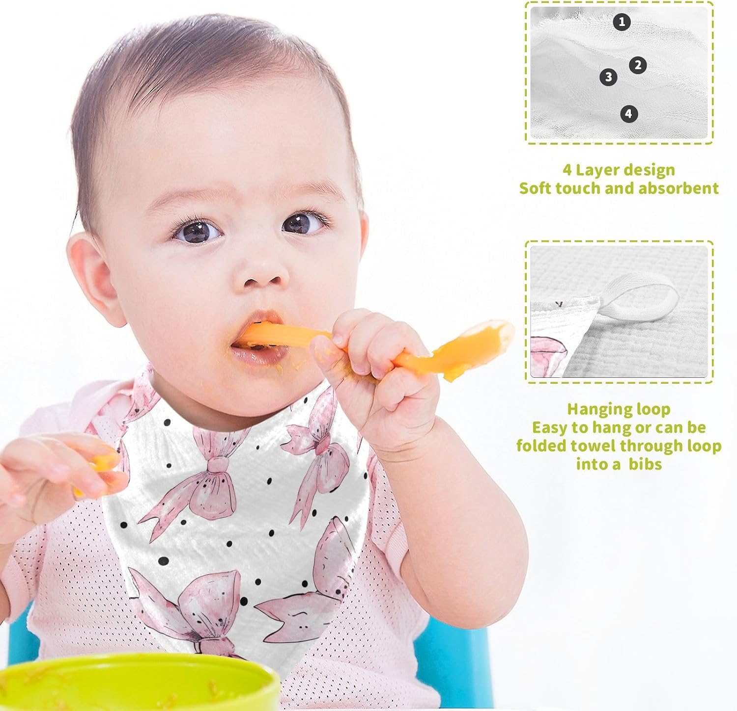 YETTASBIN Bow Pink Muslin Baby Hand Washcloths, Soft Cotton Bath Face Towel, 4 Layers Extra Absorbent Feeding Burp Cloth for Newborn Infant, 5 Pack