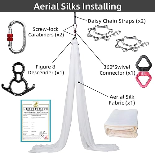 Miniatura 58 de PRIOR FITNESS Kit de seda aérea, colorido juego de hamaca de tela de nailon 40D de 9/15/20 yardas con herramientas y guía para todos los niveles