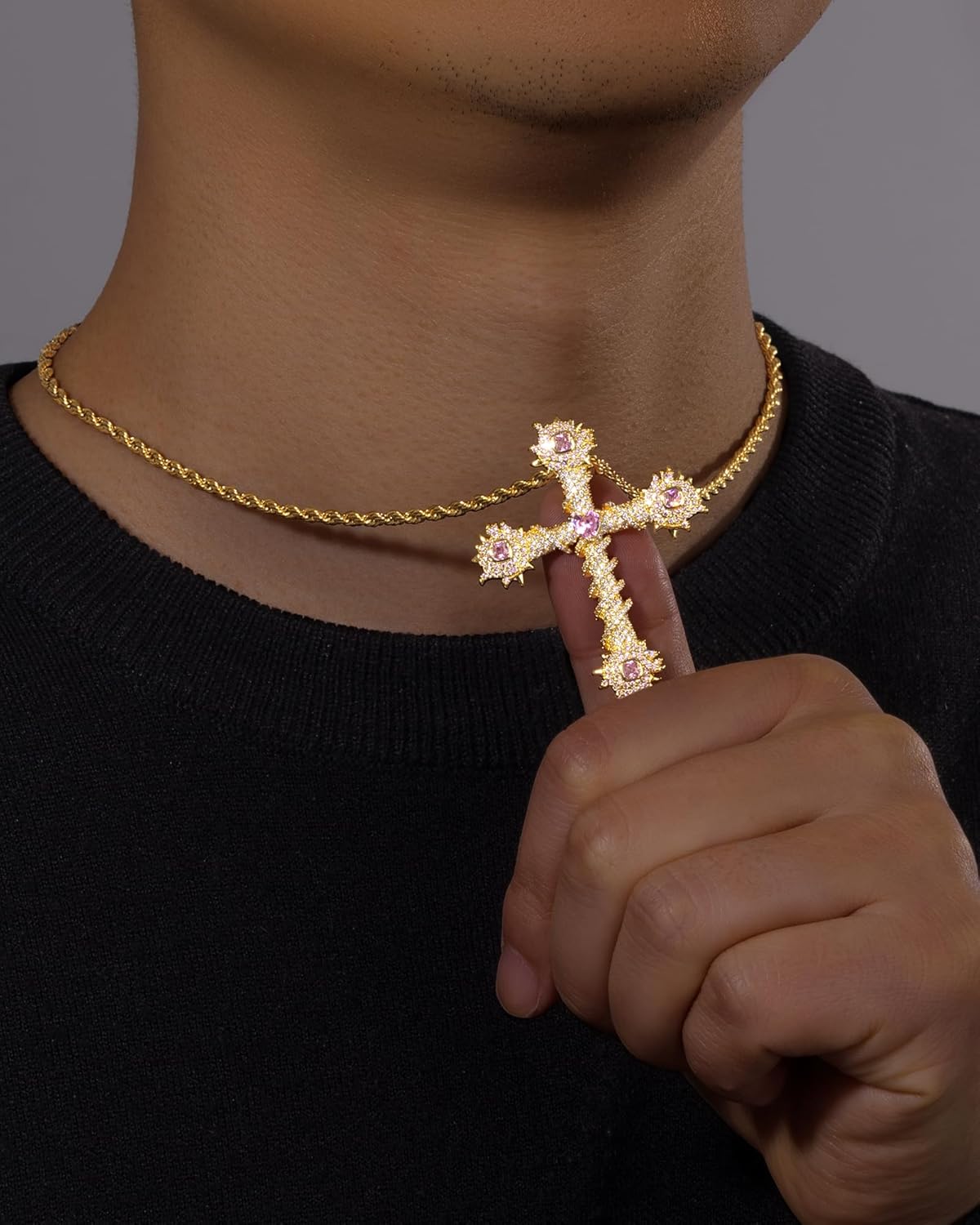 Lulu Mel Iced Out White Gold Plated Cubic Zirconia Stone Cross Necklace With Rope Chain, Trendy Hip Hop Cross Chain Jesus Necklace For Men Women