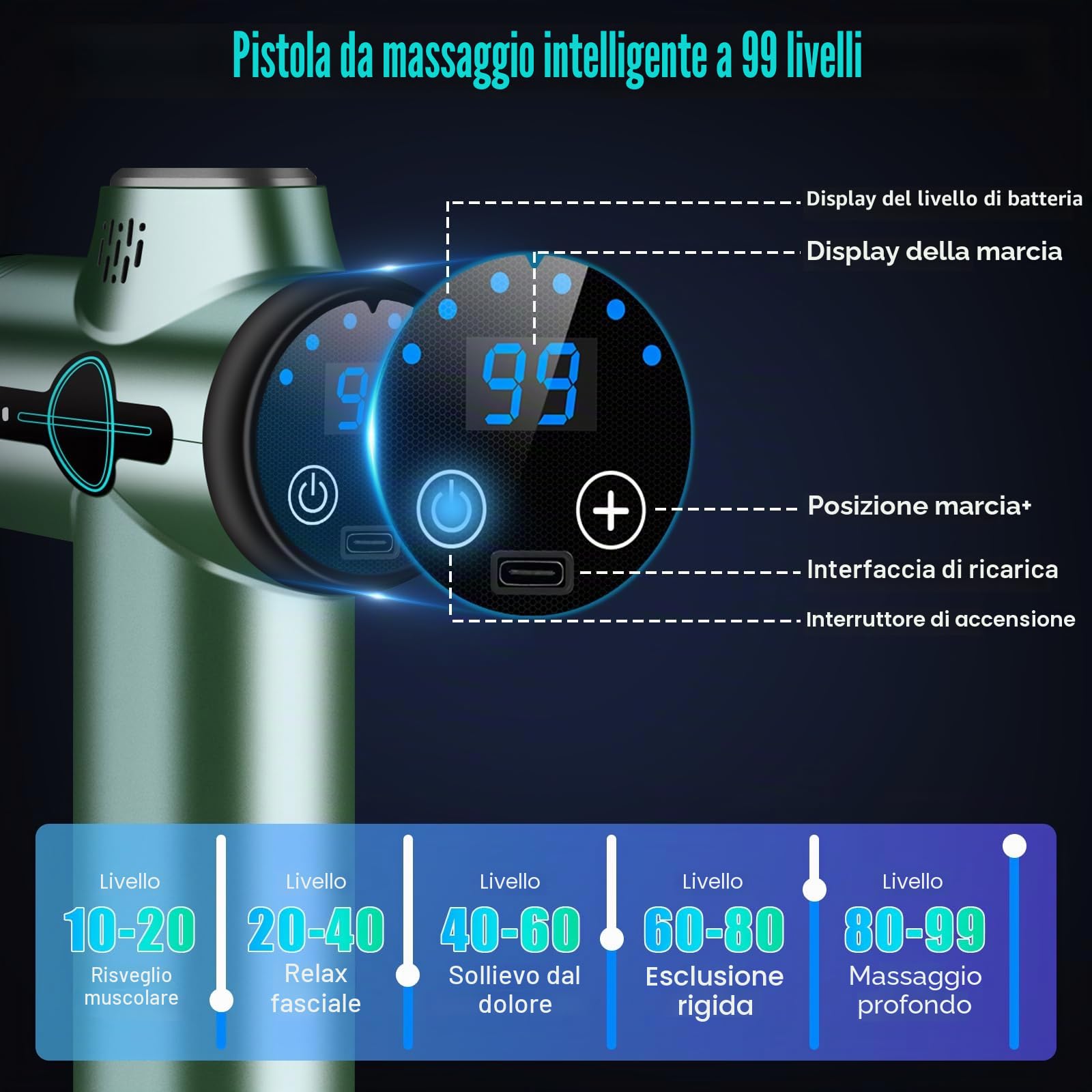 AQXONG Mini pistola per Massaggio Muscolare, 99 Velocità, Pistola da Massaggio Ultra Silenziosa 35DB, 8 Testine Massaggianti, Display LCD, Massaggiatore Portatile per Alleviare i Dolori Muscolari