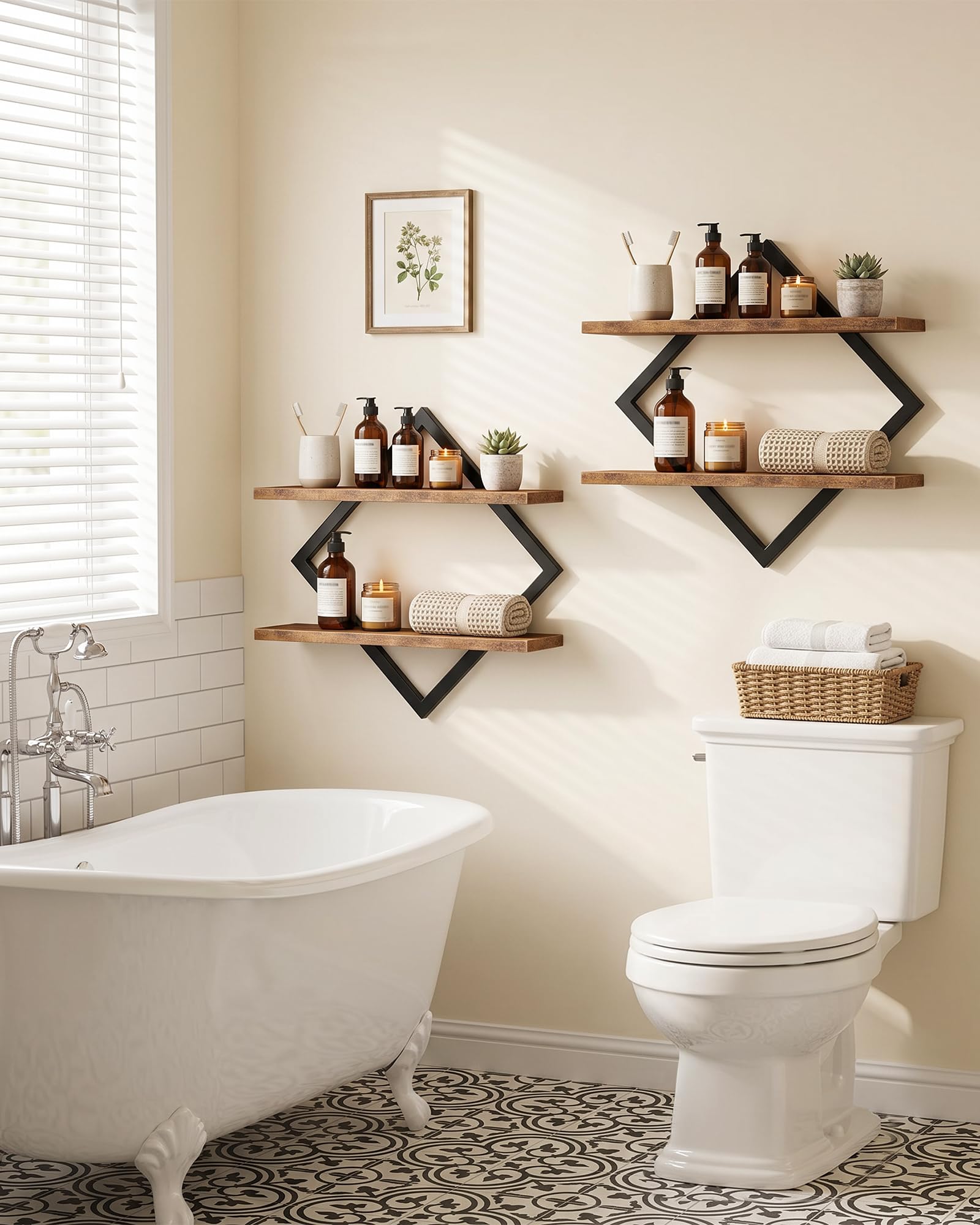CHOEZON Étagère flottantes, Lot de 2, Étagères murales à 2 Niveaux, Rangements Suspendus avec Cadre métallique losangé, pour Salon, Chambre, Cuisine, Bureau, Marron Rustique et Noir DTBJ01P2BF