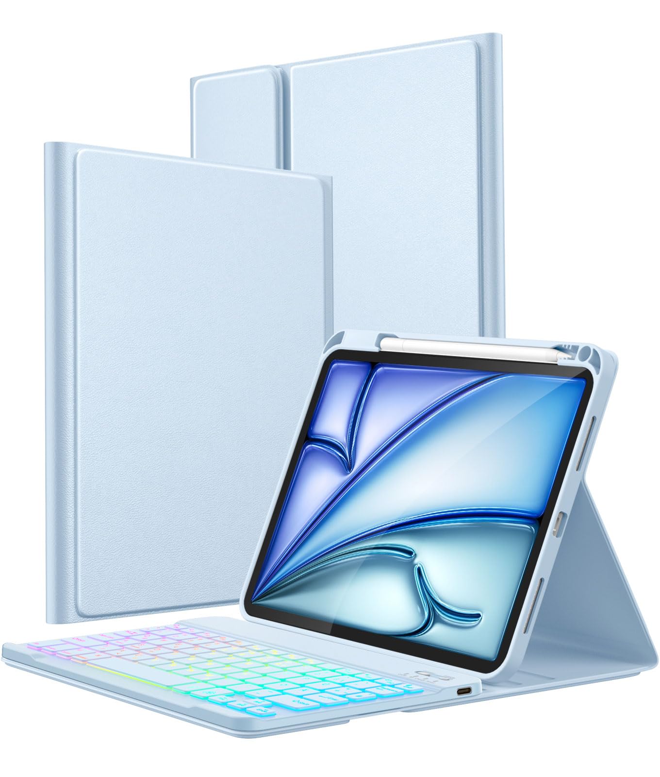 Vobafe Hülle mit Tastatur für iPad A16 11 Generation 2025/10 Gen 2022 10,9" | für iPad Air 11 Zoll M4 2026/M3/M2, Air 5/4 Gen, Pro 11 4/3/2/1, Bunte Beleuchtung,Abnehmbare,QWERTZ,mit Stifthalter,Hellblau