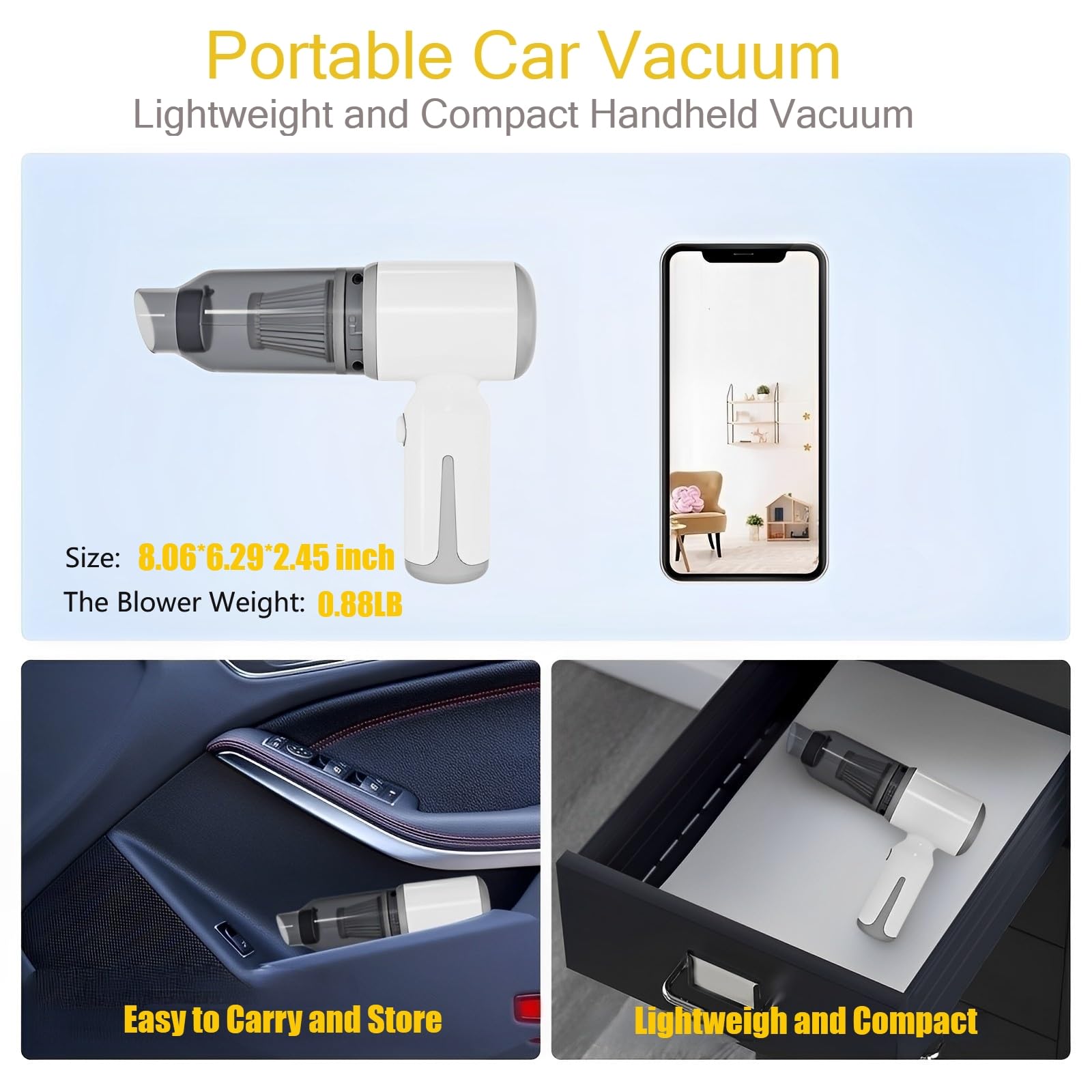 Mini aspiradora inalámbrica para coche, mini aspiradora inalámbrica de mano para coche, 9000 PA, succión de alta potencia, portátil, 3 en 1, aspiradora pequeña y soplador de aire y bomba para limpieza