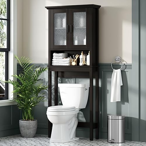 Armario de Almacenamiento Sobre el Inodoro, Organizador de Baño Sobre el Inodoro con Puertas de Vidrio y Estante Ajustable, Marco Reforzado Armario