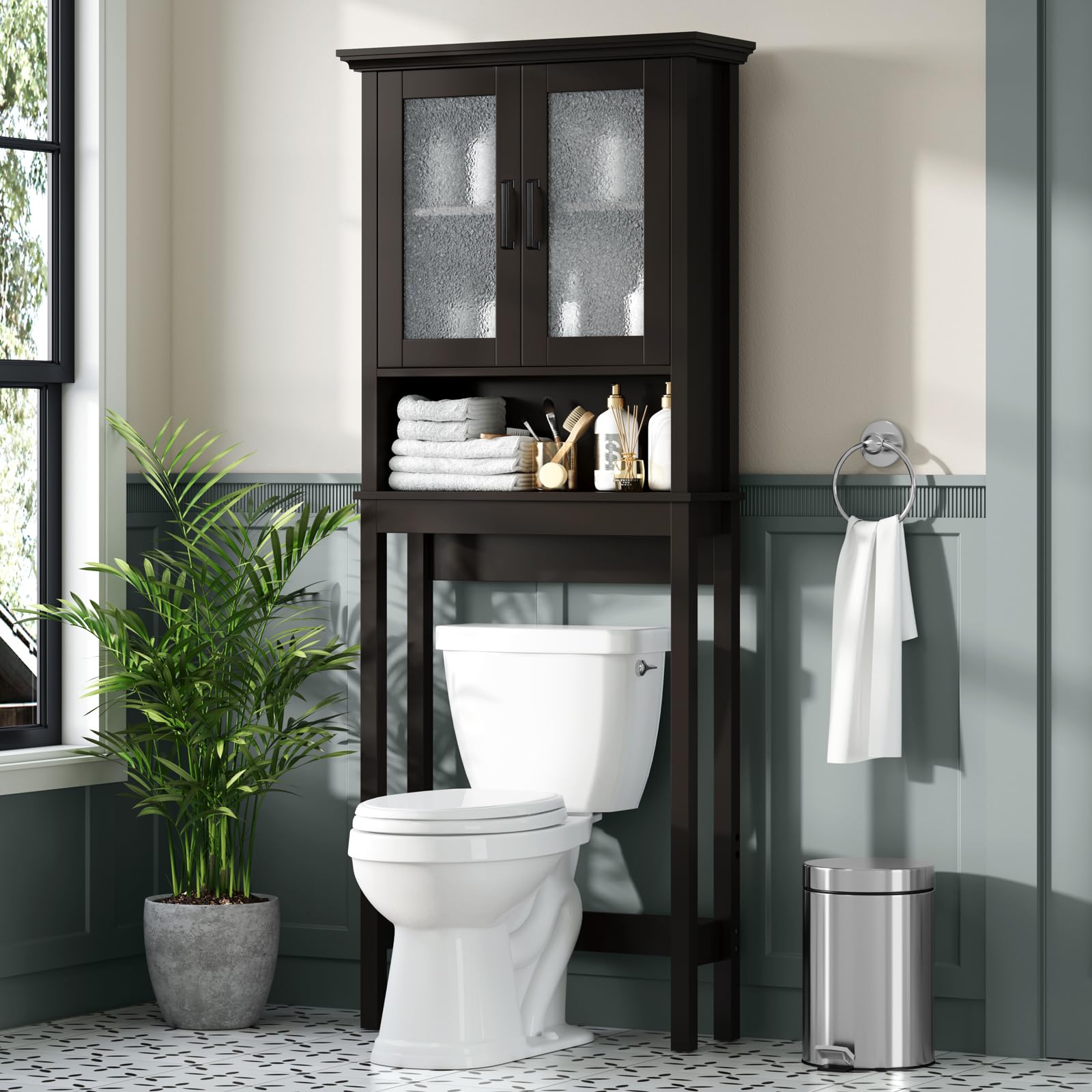 Over The Toilet Storage Cabinet, Over Toilet Bathroom Organizer with Glass Doors and Adjustable Shelf, Thicken Frame Above Toilet Storage Cabinet Behind Toilet Bathroom Organizer, Espresso