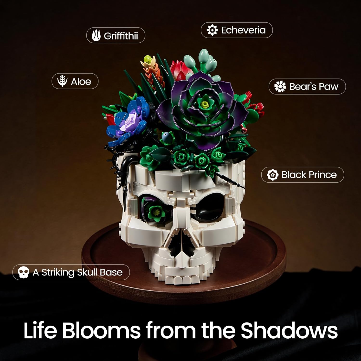 Succulent Skull Planter Building Set, Botanical Skeleton Pot Collection Building Kit, Horror Plants Home Office Table Decoration Blocks Toys for Adults, Gift for Birthday Mother's Day