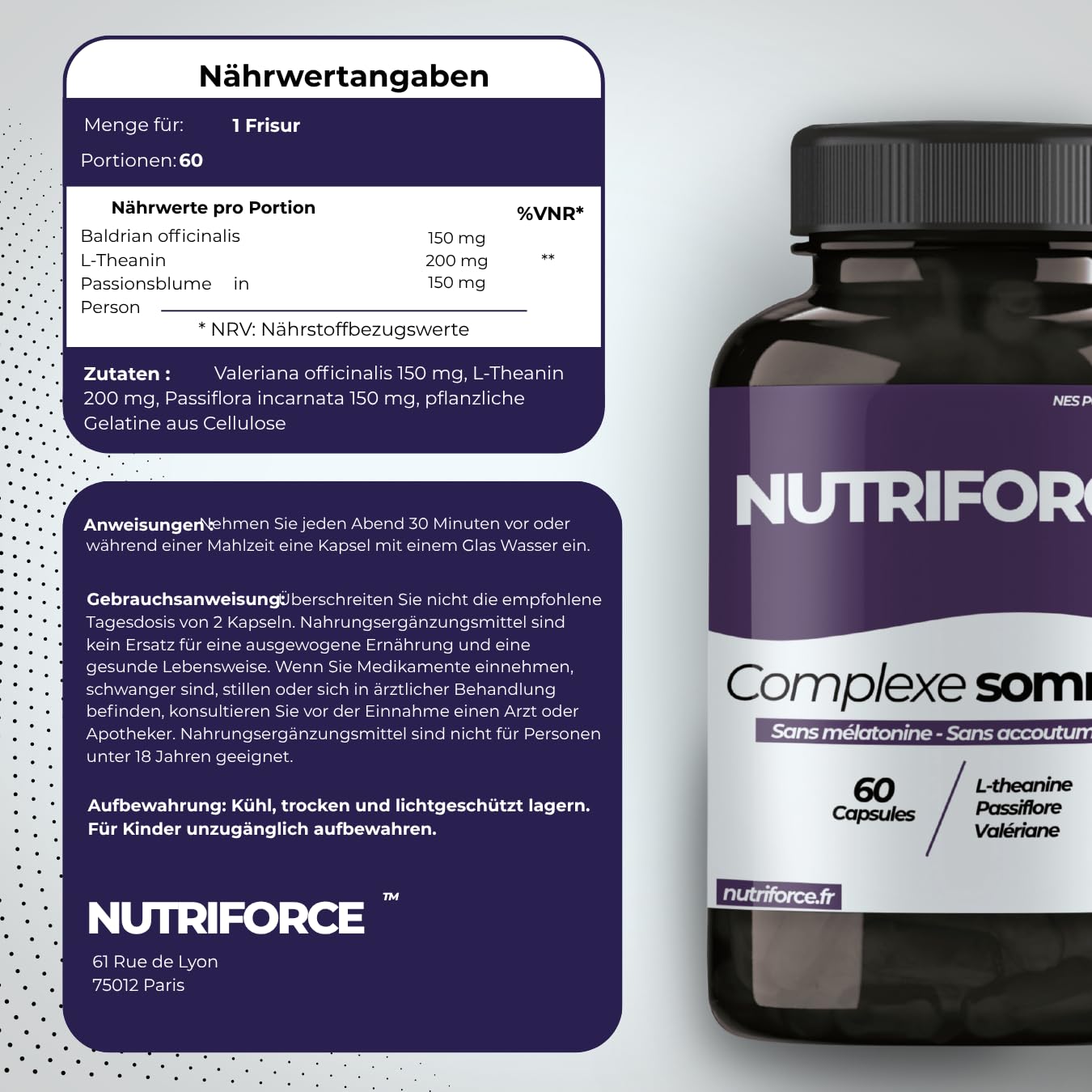 Schlaf-Komplex L-Theanin + Baldrian + Passionsblume – Einschlafen, Tiefschlaf & Erholung – Natürliche Beruhigung ohne Abhängigkeit – 100% Vegan – HACCP – 30 bis 60 Tage – Frankreich