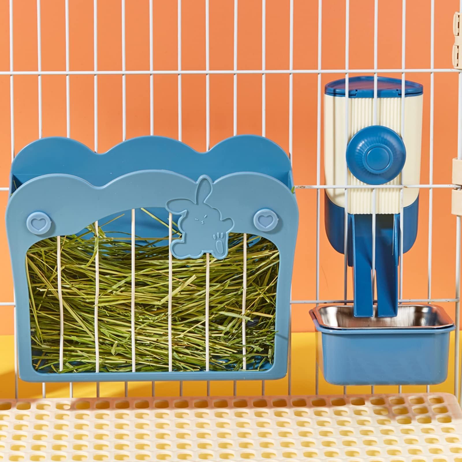 Comedero Heno Conejo, Set de Alimentación 3 en 1 con Comedero y Embudo para Colgar en Jaula, Heno Alimentador Comedero para Conejo Cobaya Chinchilla (Azul)