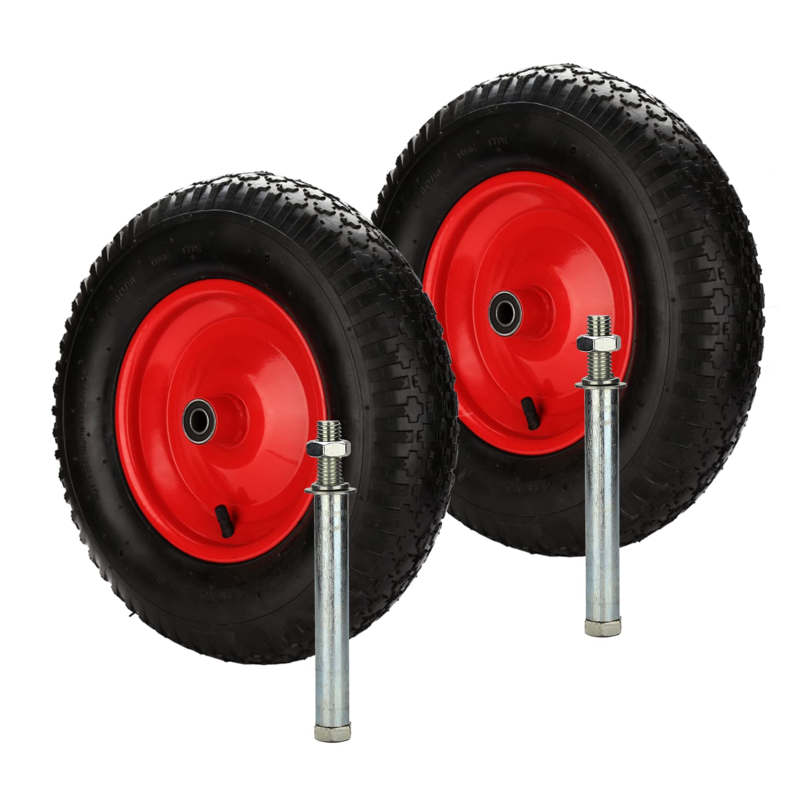 Koło do taczki pneumatyczne z osią, 4,80/4,00-8 Ø 390 mm 200 kg wraz z osią, koło zapasowe do taczki, odporne na przebicie, koło poliuretanowe, wózek ogrodowy, zestaw 2 sztuk