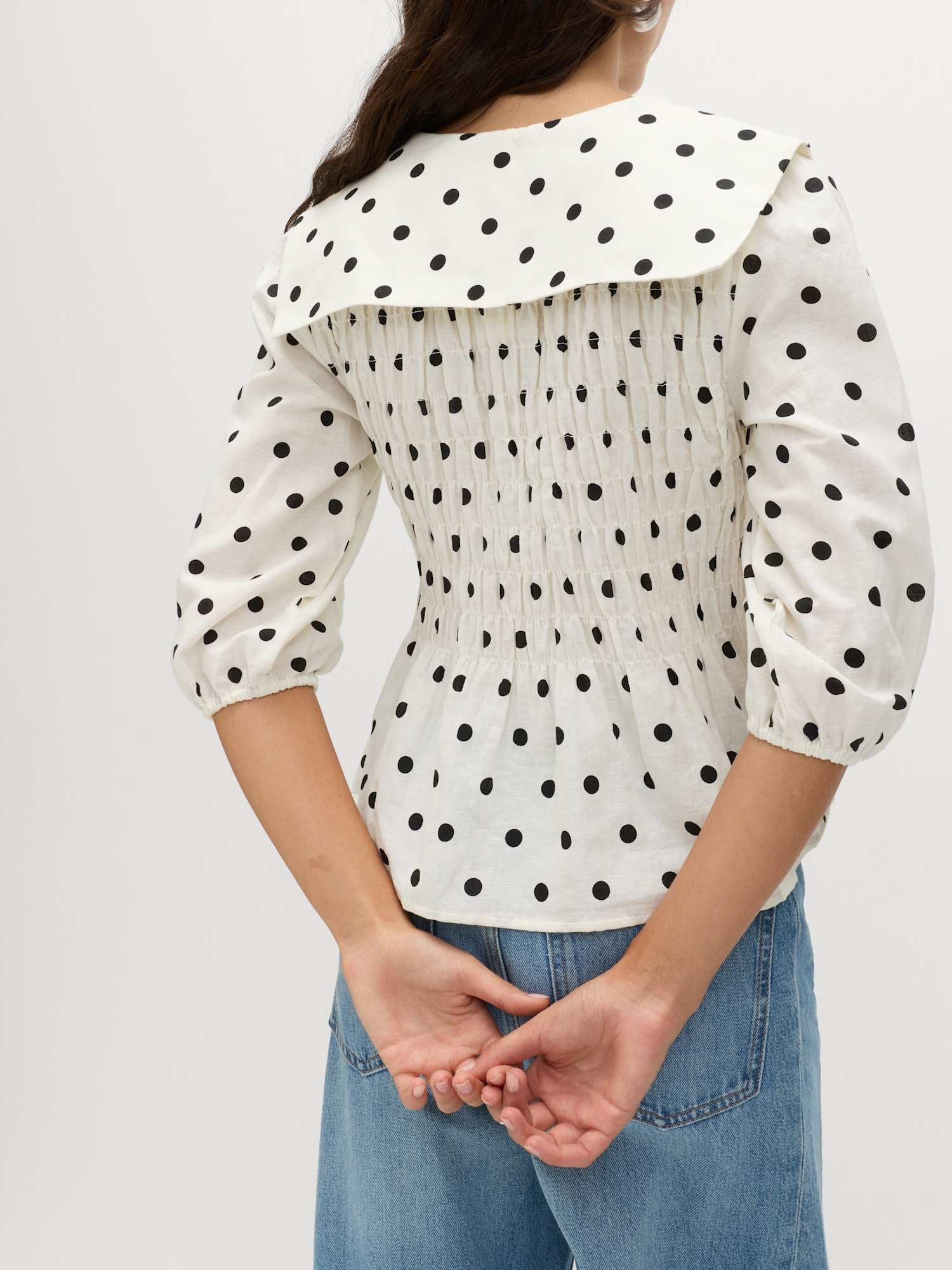 Marks & Spencer Donna Ricco di Lino a Pois Arricciato Camicetta – Aderente – Orlo Peplum – Maniche Corte
