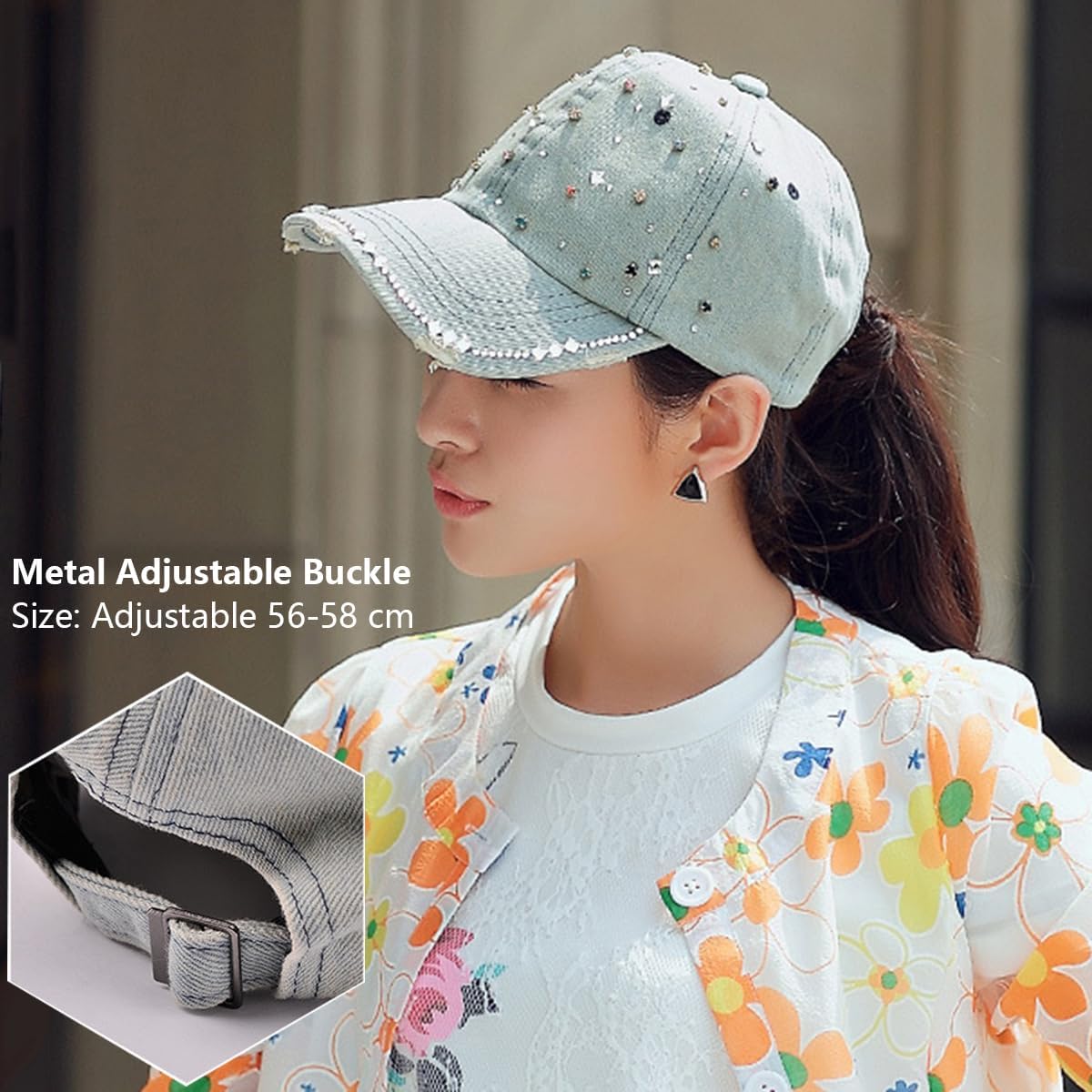 Women Colour Diamond Denim Baseball Cap Adjustable, Ladies Fashion Colour Rhinestone Sun Hat Summer Wide Brim Golf Cap