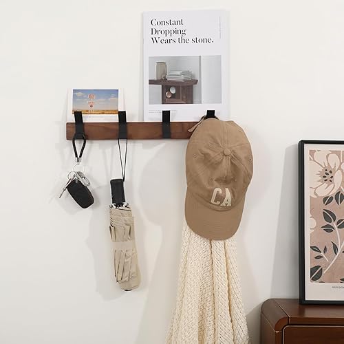 Miniatura 3 de Perchero de pared  Perchero de madera de nogal de 15.7 pulgadas con 4 ganchos de aluminio negro para colgar abrigos, sombreros, bolsos, sombreros,
