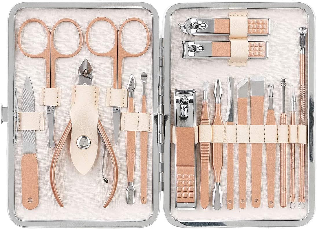 18 In 1 Professional Manicure Set, Women Grooming kit, Pedicure Kit, Nail Clippers and Beauty Tool Portable Set, Rose Gold Stainless Steel Manicure Set with Luxurious Travel Case