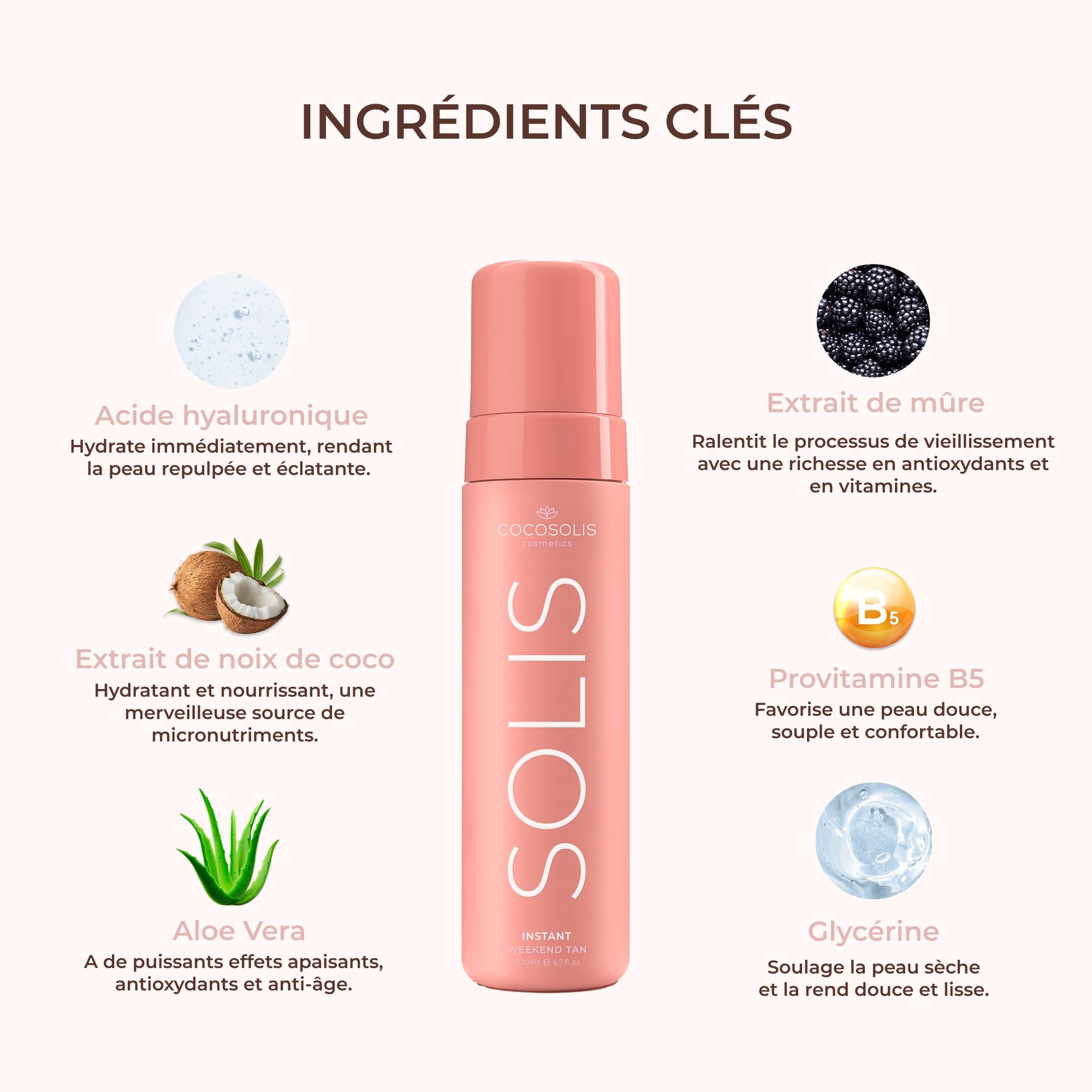 COCOSOLIS SOLIS Instant Weekend Tan Lotion autobronzante visage et corps, mousse à effet immédiat et lavable pour un bronzage riche, naturel et longue durée, au DHA végétal (200 ml)