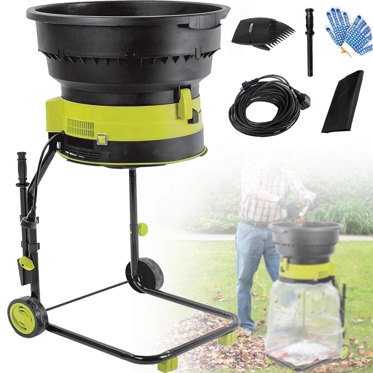 Trituratore Foglie E Legno 2500W,Rituratore Compost,Trituratore per Foglie Giardino con Sacco Raccolta E Ruote,Rapporto di Triturazione 17:1,Triturazione Detriti Giardino noPowercord