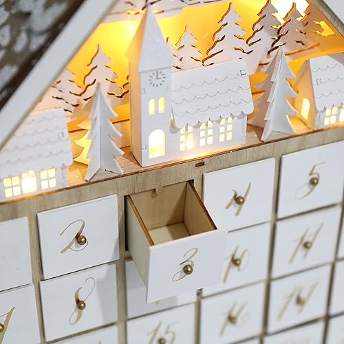 Miniatura 2 de Calendario de Adviento de madera con 24 cajones y luces LED, cuenta regresiva de escena de pueblo y bosque, decoración reutilizable de 16.3 x 2.9 x