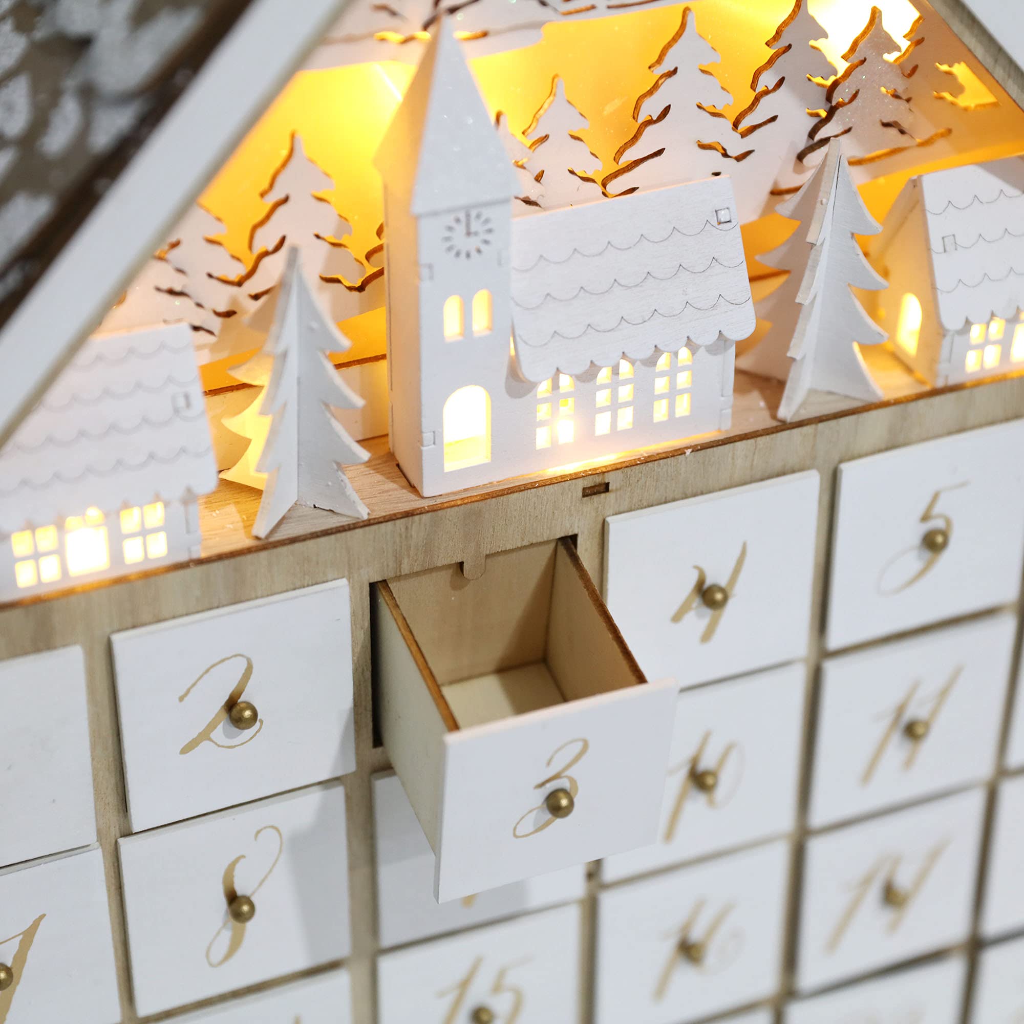 Pioneer-Effort Weihnachts-Adventskalenderhaus aus Holz mit 24 Schubladen und LED-Lichtern, Dorf- und Waldszene Countdown bis Weihnachten, wiederverwendbare Dekoration, 41 x 7 x 45 cm