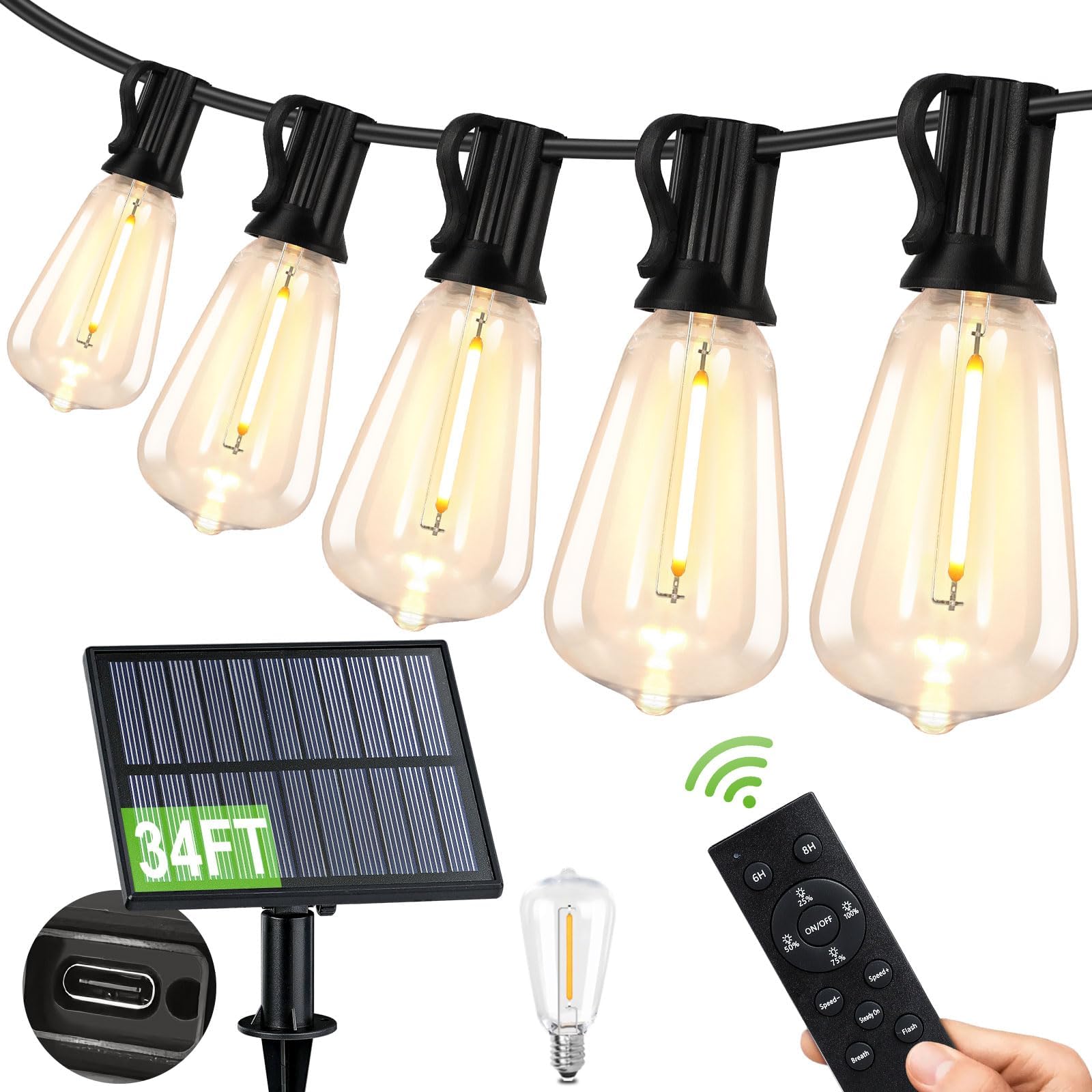 Solar Outdoor String Lights with Remote, Waterproof Solar Patio Lights with 15+1 Vintage LED Bulbs, Dimmable 34FT Solar Powered Hanging String Light for Outside Backyard Party Porch Bistro Deck