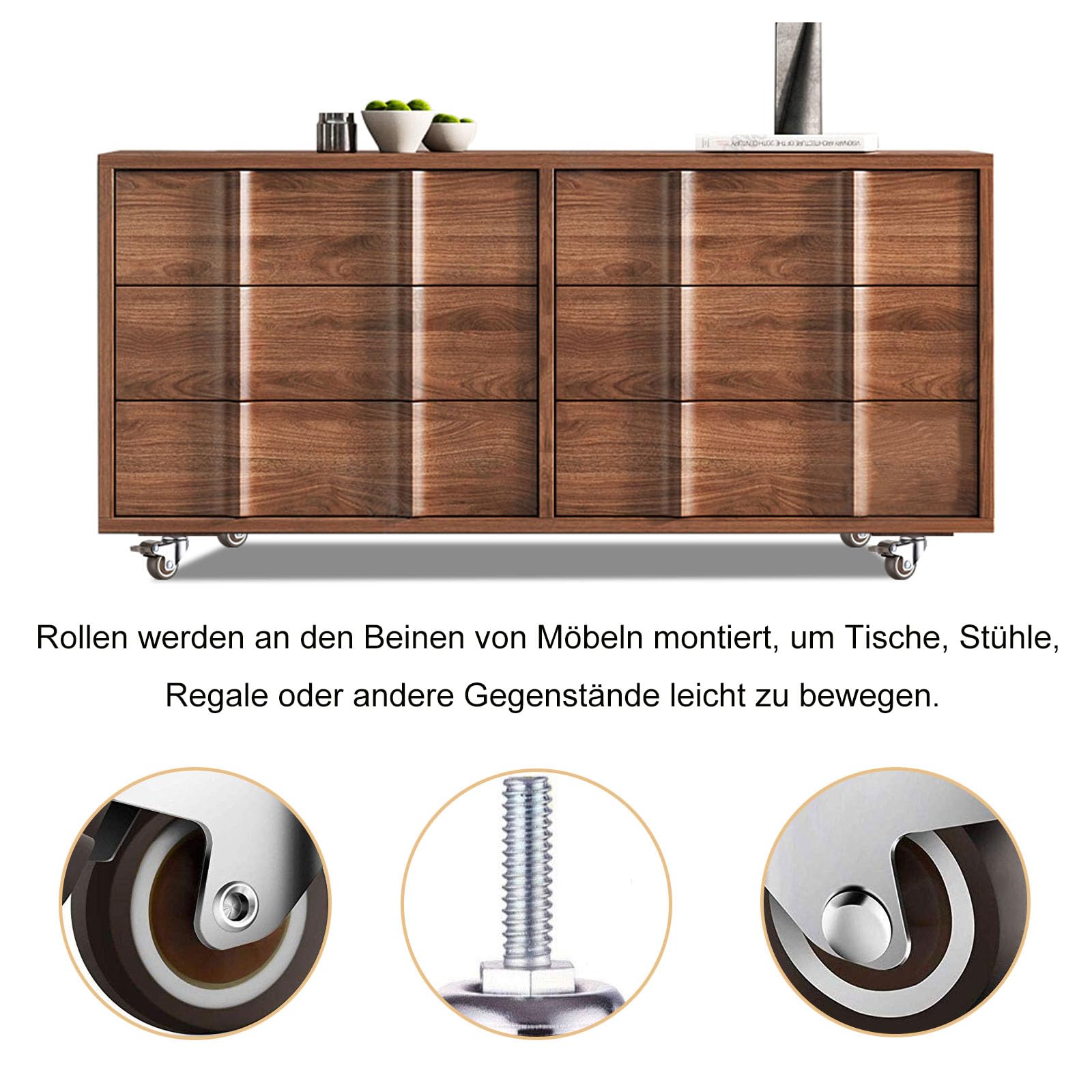 Ruote per Mobili, 4 pezzi M6x15mm con Filettatura in Ruote Girevole in Gomma, 25mm Ruota per Mobili Set, 360° Ruota Girevoli Silenziose con 2 Freno e 2 Senza Freni, per Carrello, Banco da Lavoro