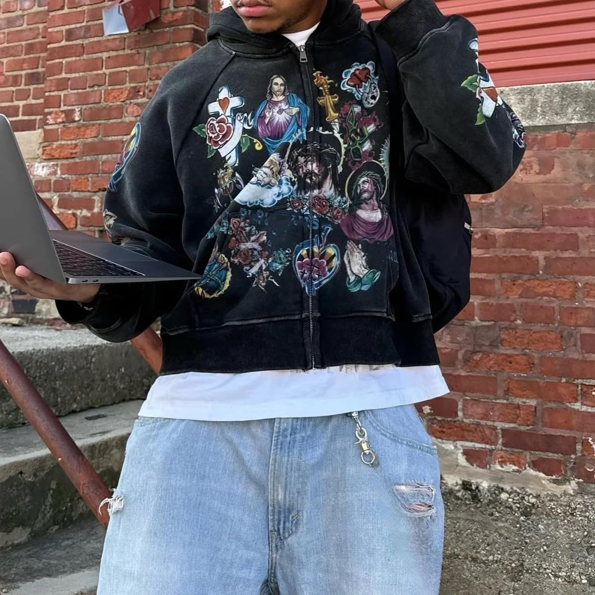 Grunge Vintage Clothes Y2k Hoodie Streetwear für Damen und Herren mit Reißverschluss, bedruckt, Übergröße, Rapper-Stil.