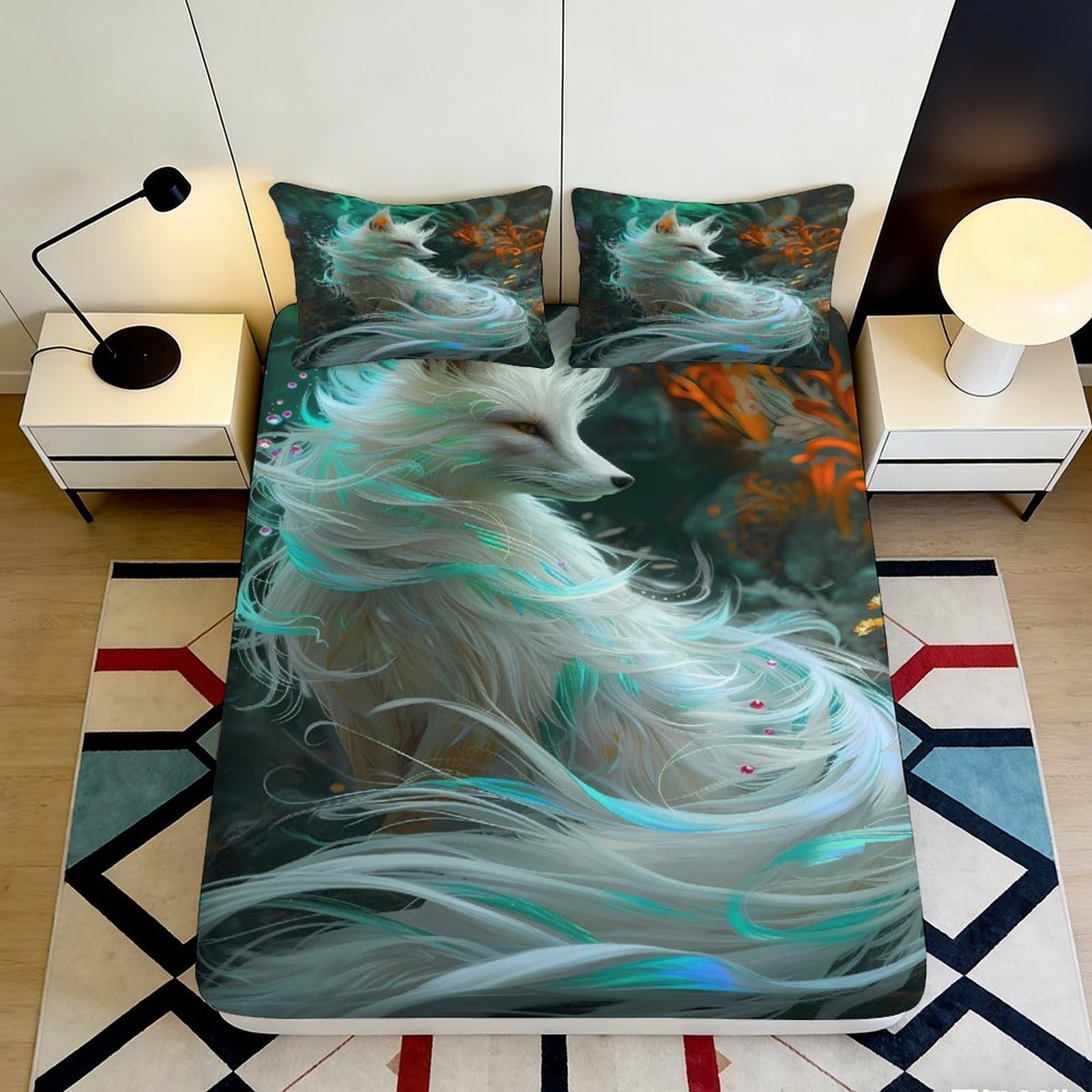 Pnayamiorkfel Style-8 3D Printed White Fox Fitted Sheet Microfiber Soft Breathable Fantasy Forest Mattress Cover For Bedroom Decor 90X200x25cm
