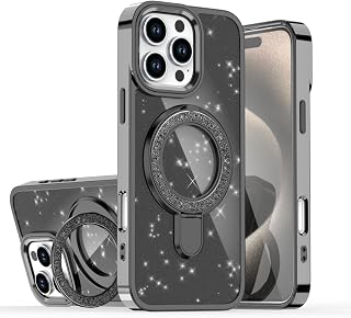 闪亮 iPhone12 iPhone 12 Pro 用 手机壳 MagSafe对应 带闪亮环 竖放支架 带金属丝 可爱 适用于苹果12pro 保护套 透明 透明 带挂绳孔 指环保护壳,黑色