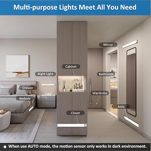 Miniatura 4 de 70 luces LED con sensor de movimiento para debajo del gabinete, iluminación magnética recargable debajo del armario, barra de luz inalámbrica