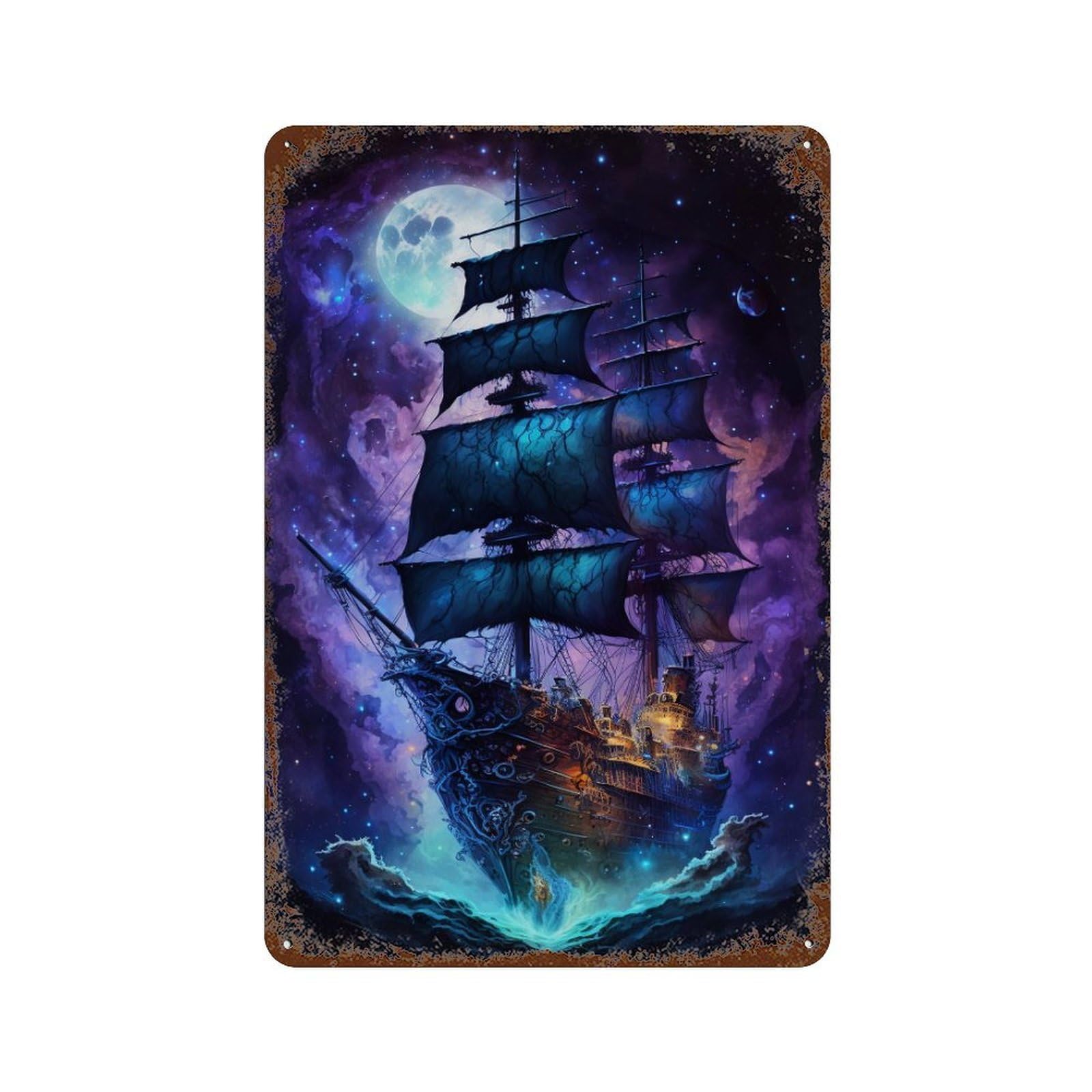 Fantasy Sailing Ship in Space Vintage Rust Metal Sign 11.8"x7.9", for Patio, Garden Room And Bar Decor, Novelty Wall Decor