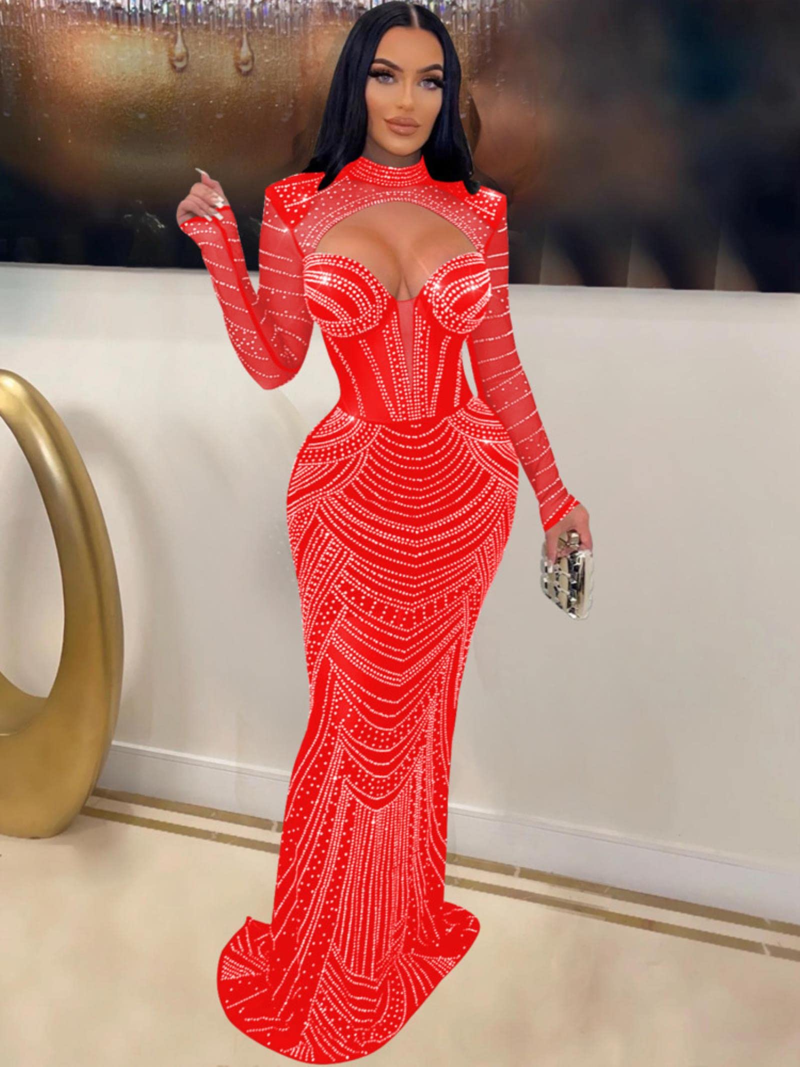 YANGQI Diamond Mesh Hollow Out Party Maxi Dress For Women Gown Autumn New  Elegant Full Sleeve Club Evening Dress-C6170 Red,S : Amazon.co.uk: Fashion