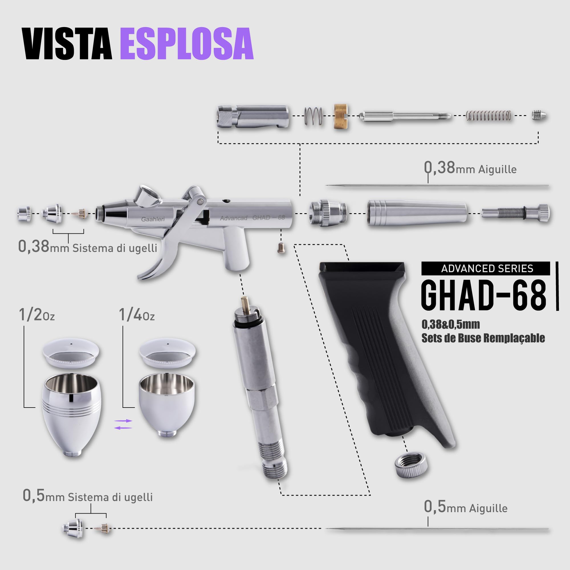 Gaahleri Kit aerografo, pistola aerografo a doppia azione, set di alimentazione a gravità, aghi da 0,38 e 0,5 mm, tazza fluida da 1/2 e 1/4 once, pennello ad aria multiuso modello di trucco per