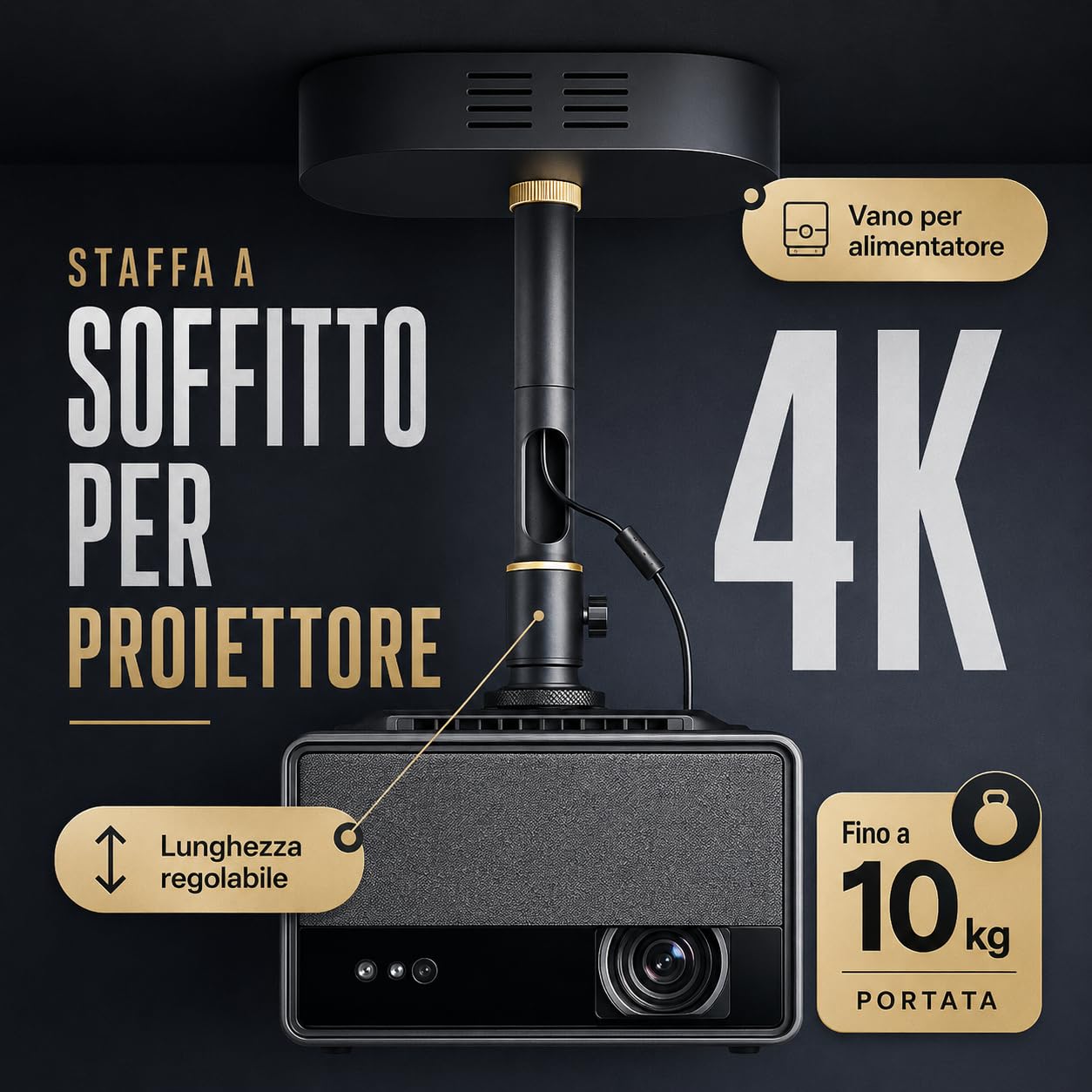 Staffa a Soffitto per Proiettore – Vano Alimentatore Integrato, Portata 10 kg, Lunghezza Regolabile 18-48 cm, Snodo Semisferico 360°, Cavo Nascosto