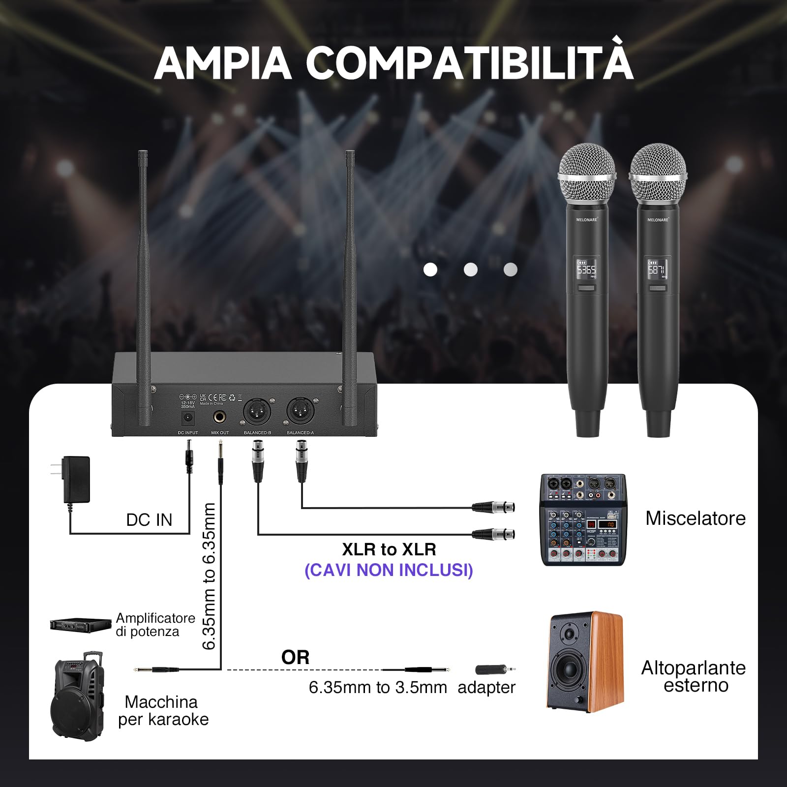MELONARE Sistema Microfonico Wireless UHF Dual Auto Scan MWU-20-2H | 2 microfoni palmari dinamici, 2 x 100 frequenze, portata 260 piedi, canto, karaoke, chiesa e set DJ