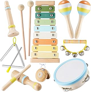 Baby Musical Instruments Set Montessori Wooden Music Toys for Toddlers 3 4 5 Neutral Color Percussion Music Kit with Drum, Xylophone,Storage Bag, Birthday Preschool Learning Gift for Boys Girls