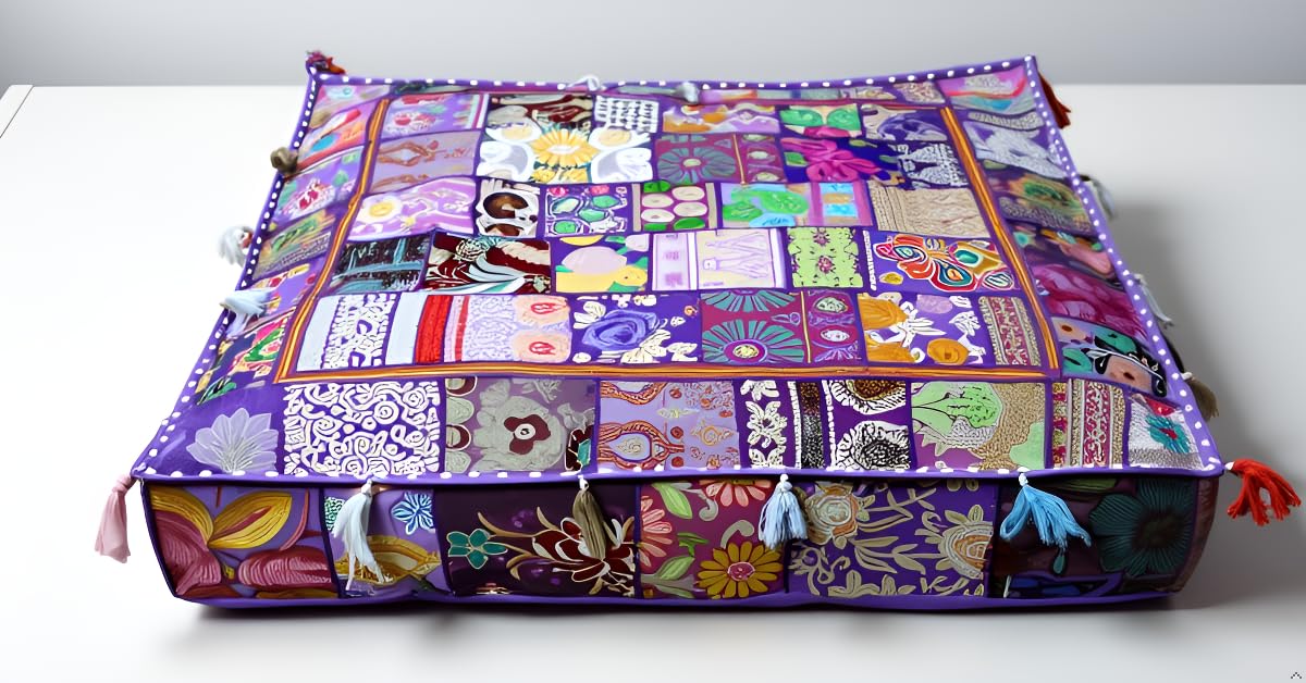 CRAFT KALA Indian Square Patchwork Traditional Pouf Cover Indian Living Room Poufs Decorative Embroidered Designer Ottoman Home Footstool Chair Cover Decor Pillow Cover 35 inches, Purple โ image 1
