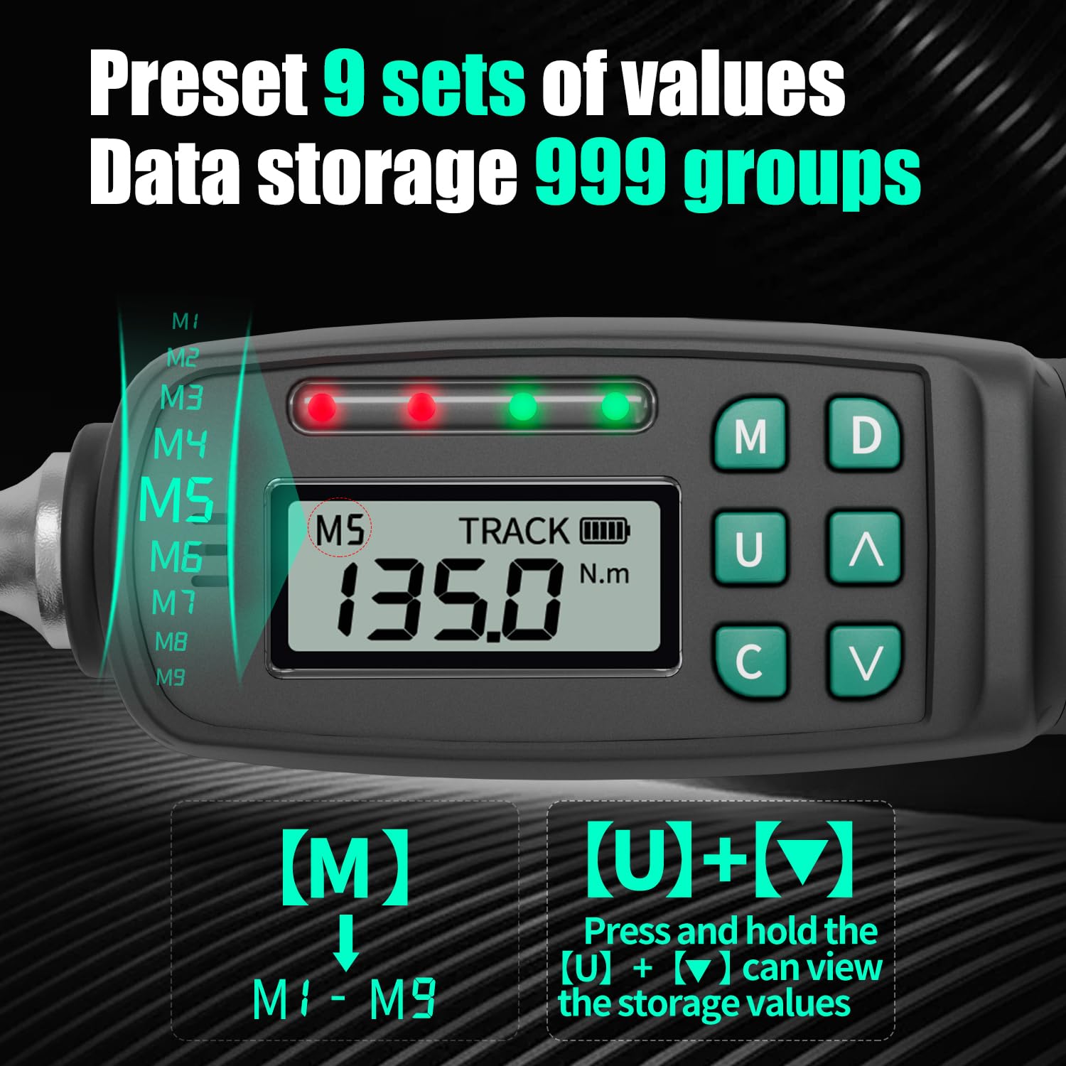 Cyfrowy klucz dynamometryczny z napędem 1/2 cala 5,01-99,49 Ft.lbs./6,8-135 Nm elektroniczne narzędzie precyzyjne funty stóp ± 2% dokładność 999 zestawów danych wyświetlacz LED brzęczyk wibracje