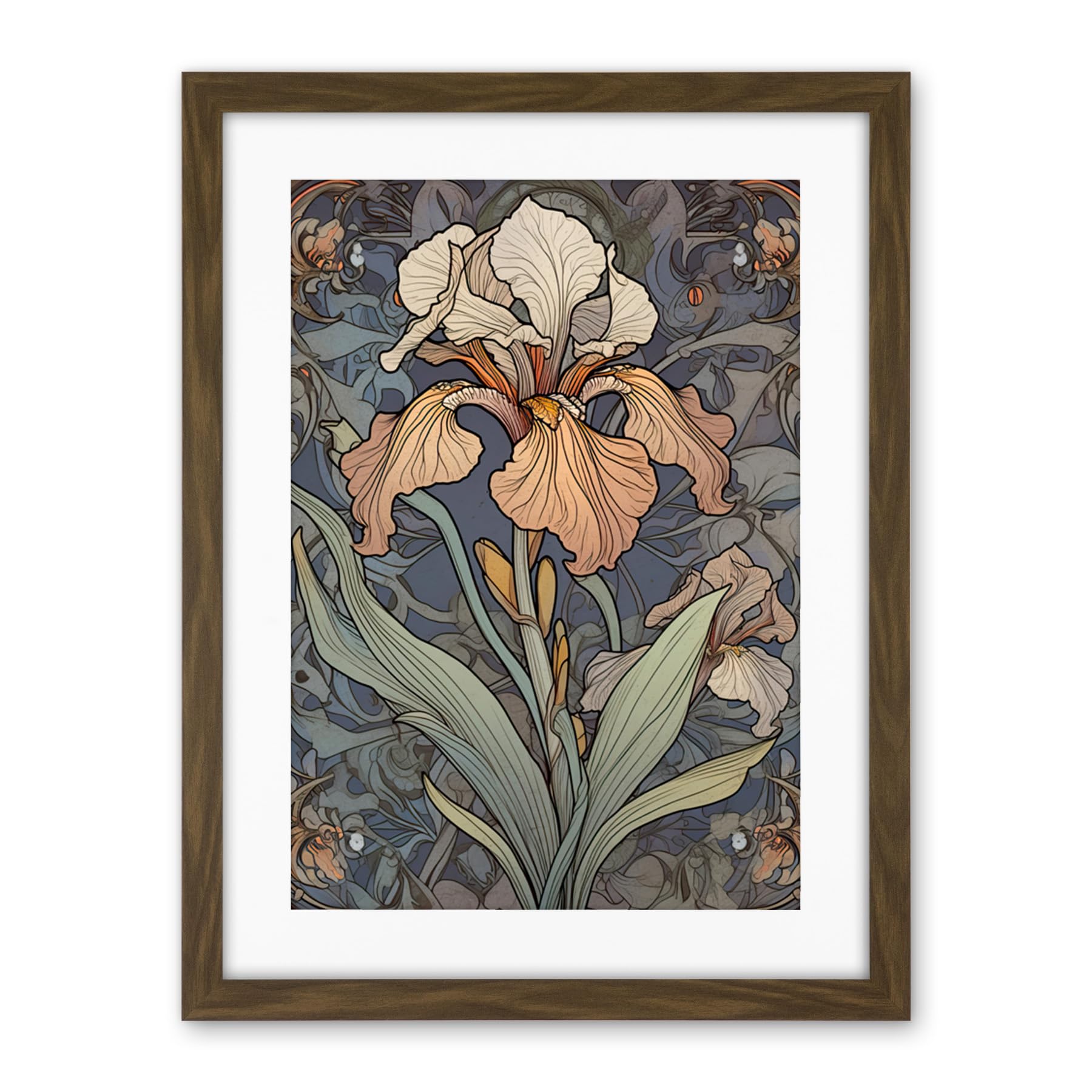 Artery8 Art Nouveau Style Iris Bloom Flower Watercolour Artwork Framed Wall Art Print 18X24 Inch