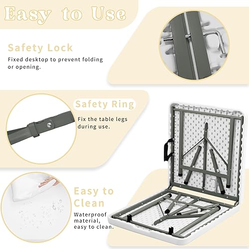 Miniatura 4 de Mesa plegable de 4 pies, mesa de camping portátil de plástico resistente, rectangular, mesa de comedor al aire libre, patas de acero plegable por la